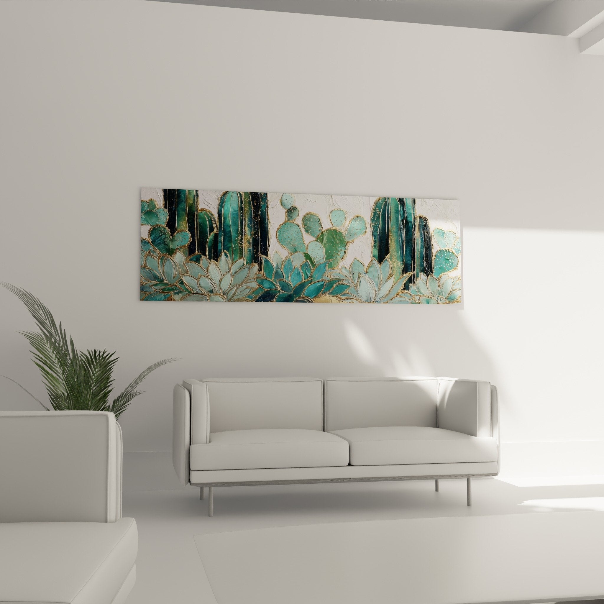 Détail rapproché tableau cactus géométriques contours dorés nuances turquoise texture artistique cubisme