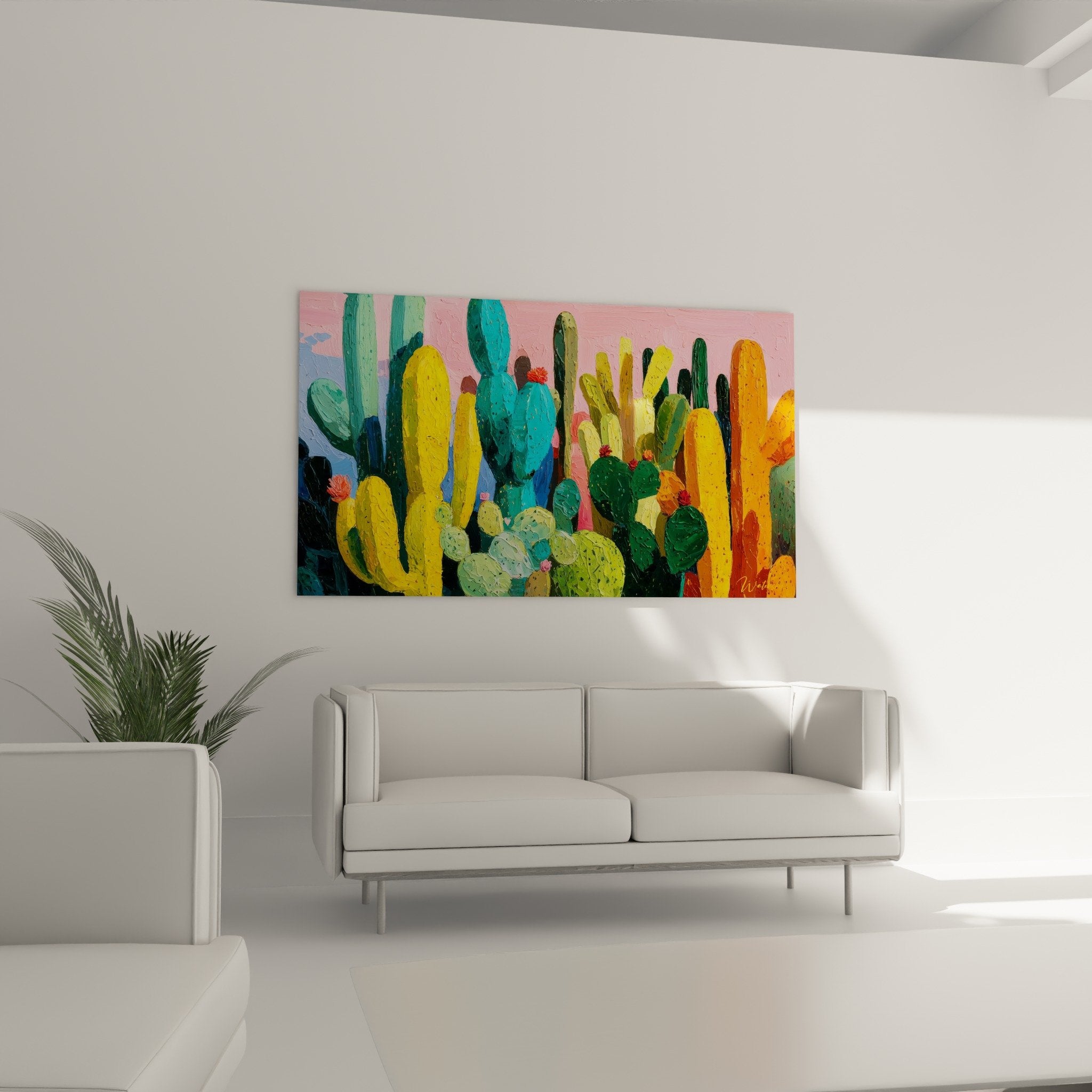 Detail peinture cactus jaunes turquoise empâtements texture picturale style cubisme fond rose