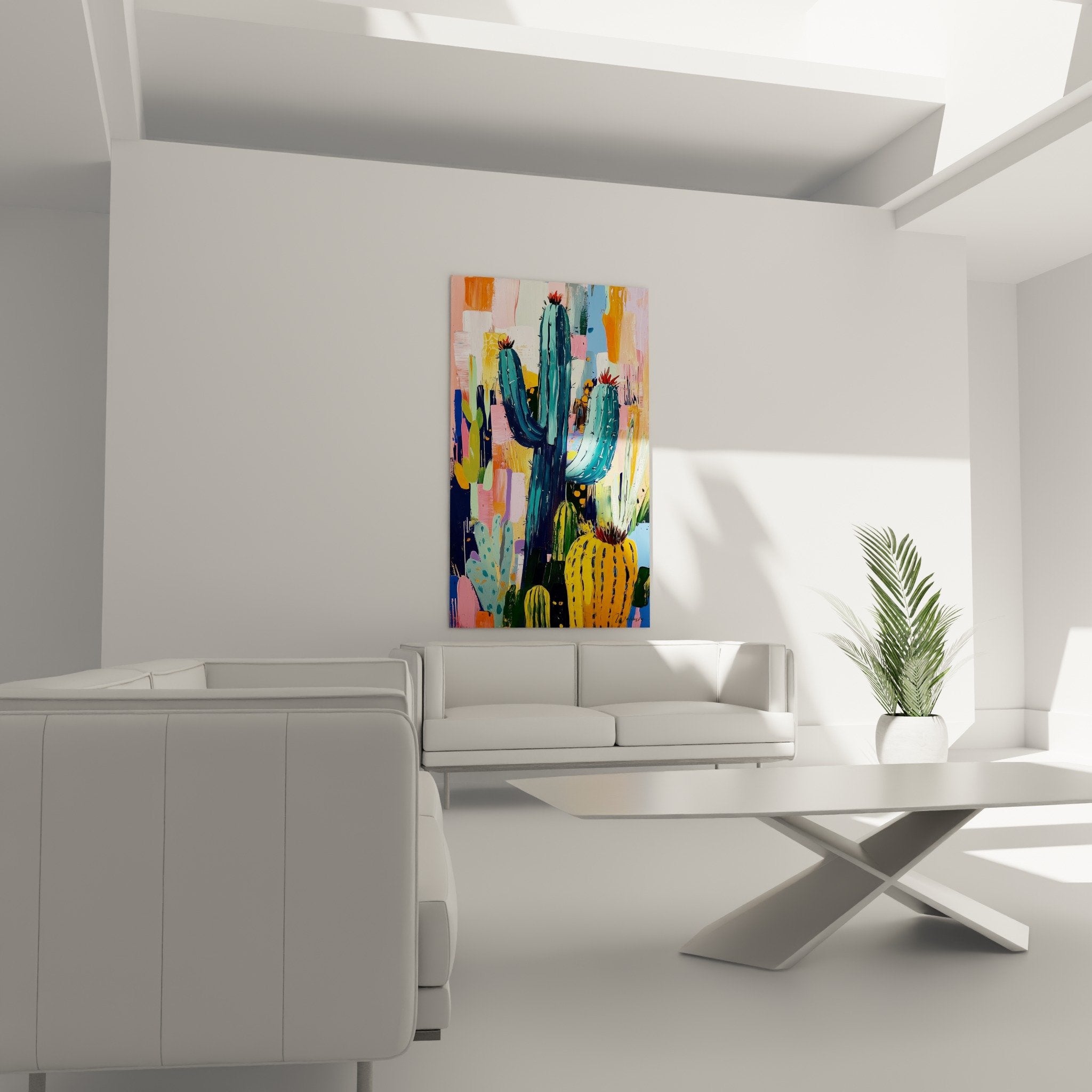 Detail cactus stylises peinture cubisme couleurs vives texture artistique moderne