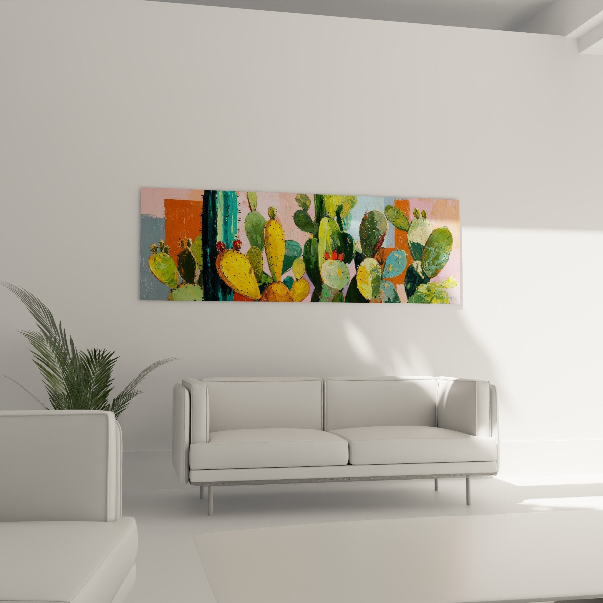 detail cactus peints vert jaune epines noires texture peinture style cubisme composition vegetale artistique