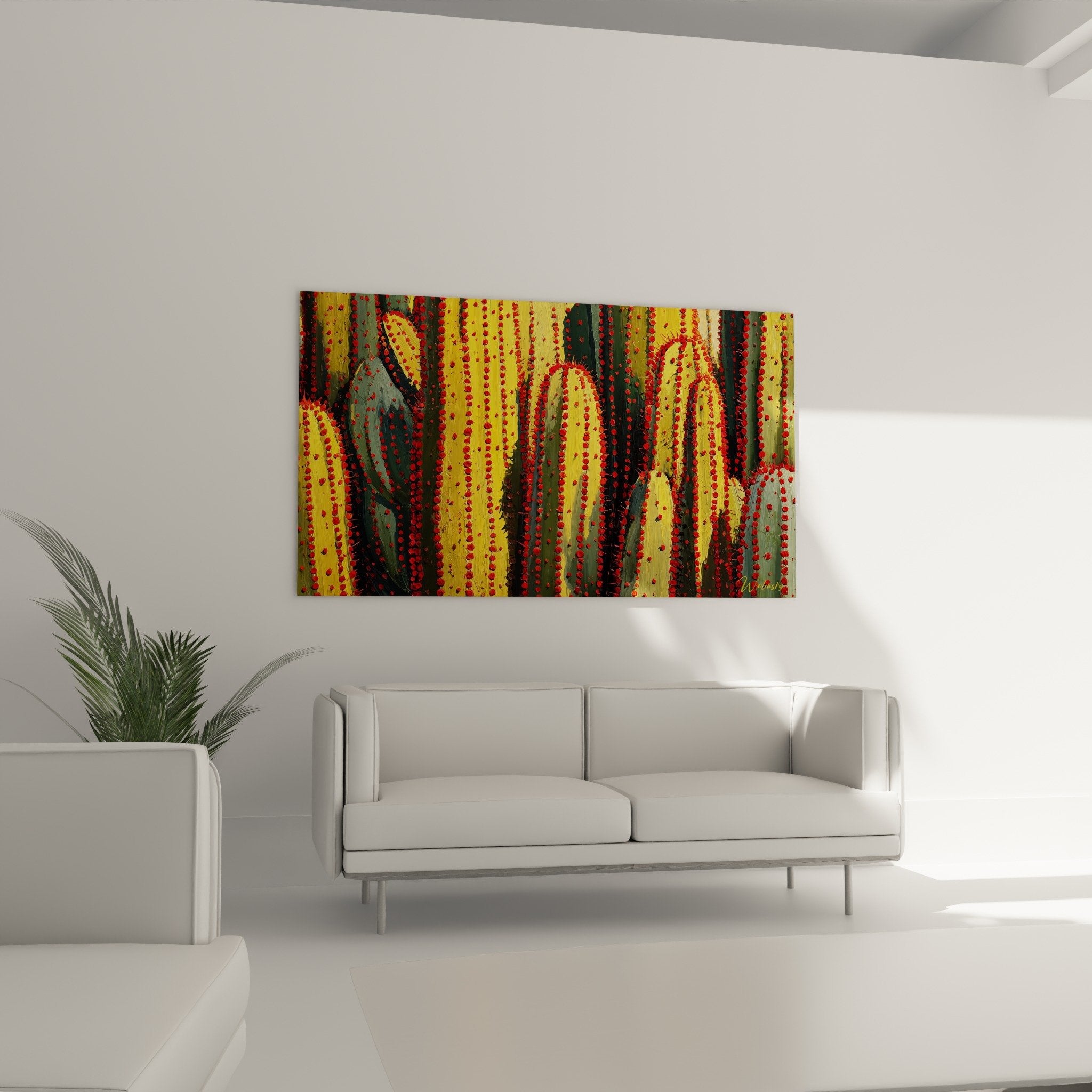 Détail texture pointillés rouges sur cactus jaunes verts peinture moderne style aborigène