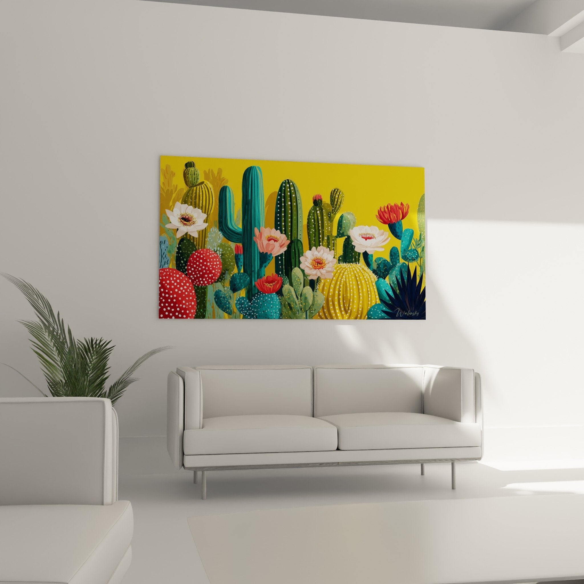 Détail rapproché des cactus colorés rouge turquoise et jaune avec fleurs délicates aux pétales roses