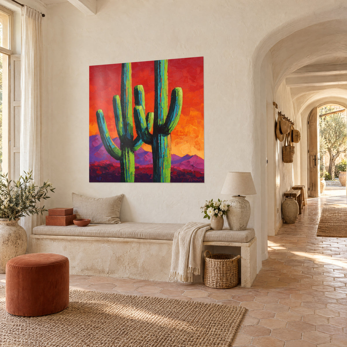 Tableau géants du désert d'Arizona aux bras courbes, vert pomme et turquoise, ciel rouge et orange, vue de biais dans un couloir voûté