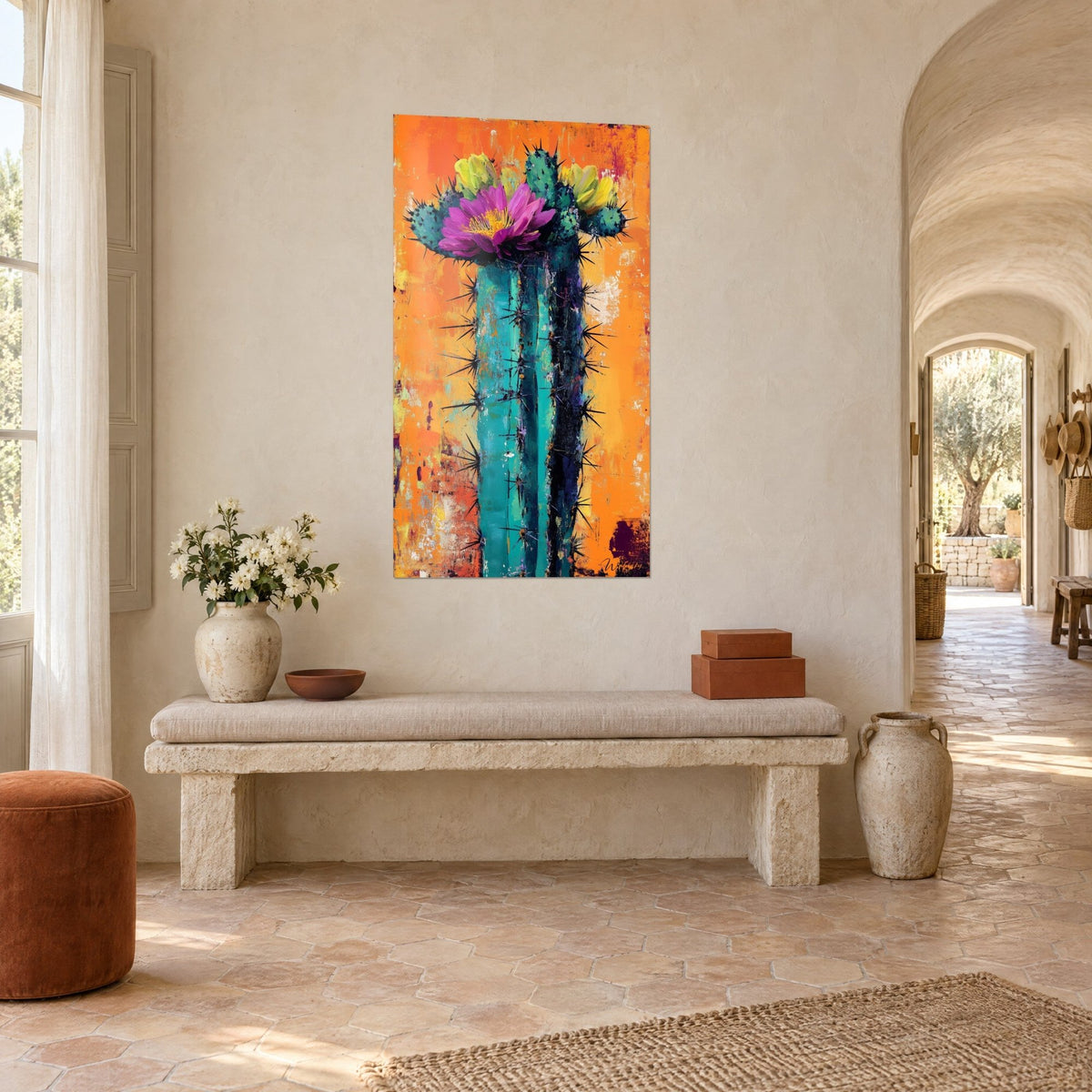 Wall art turquoise column crowned with a purple flower, vivid orange background, in a vaulted hallway with lime-washed walls