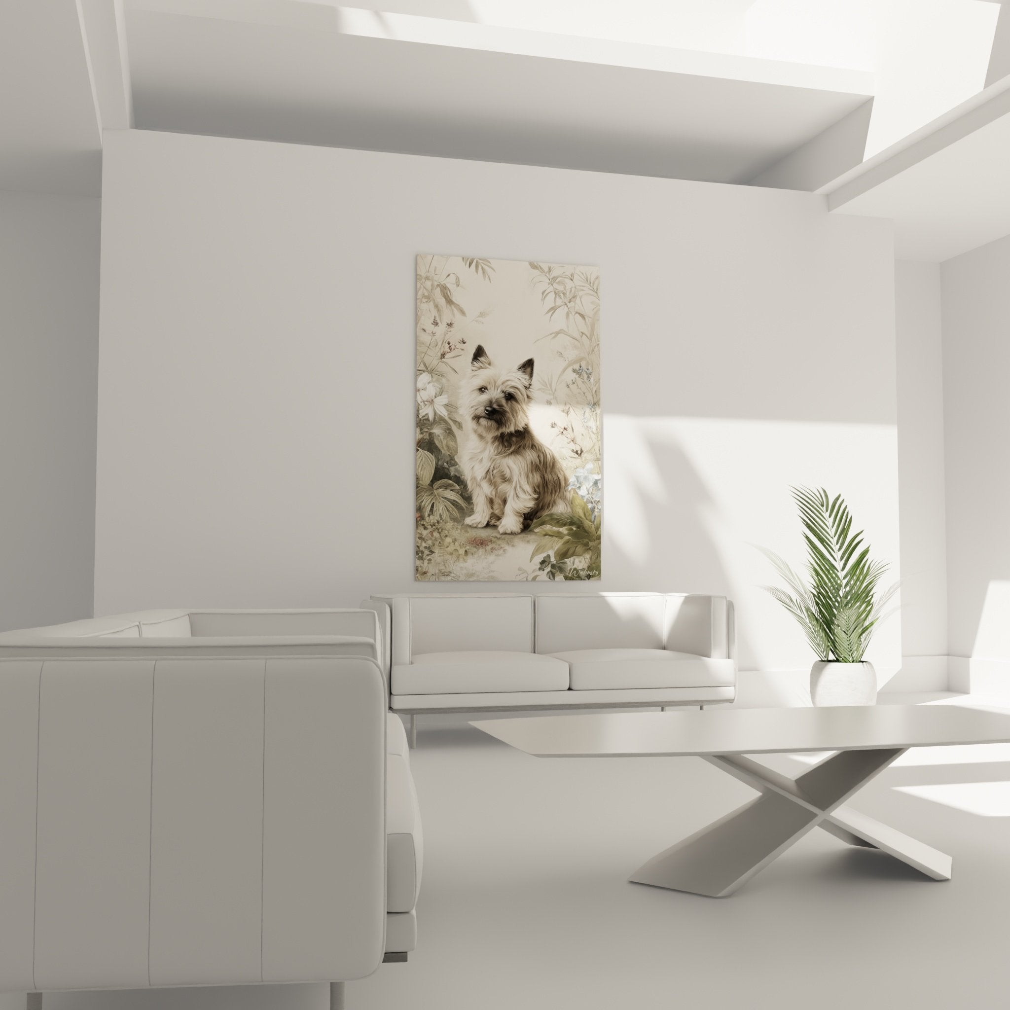 Detail tableau Cairn Terrier pelage fauve oreilles dressees regard expressif elements floraux delicats