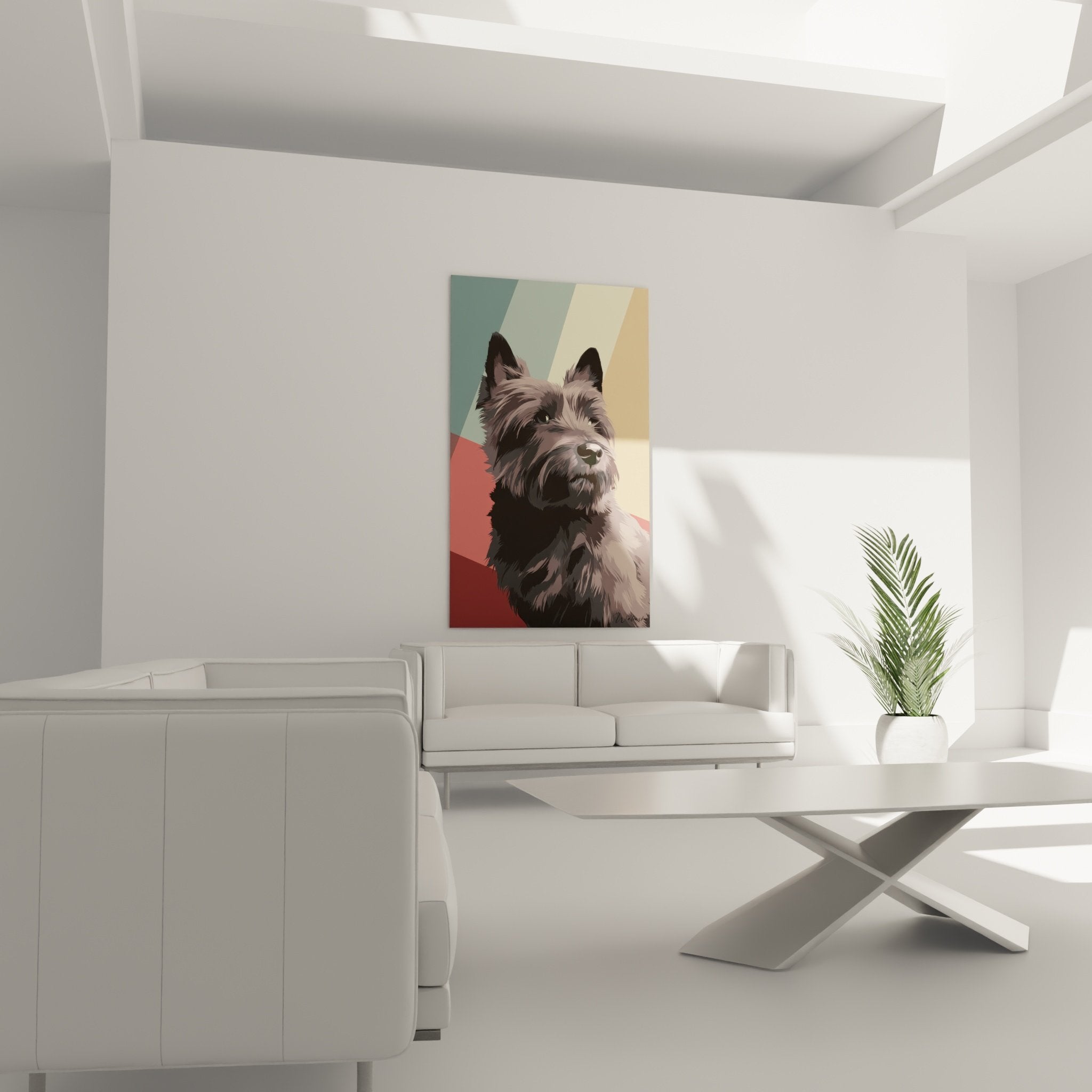 Detail portrait Cairn Terrier pelage gris brun realiste fond geometrique pastel art contemporain animalier