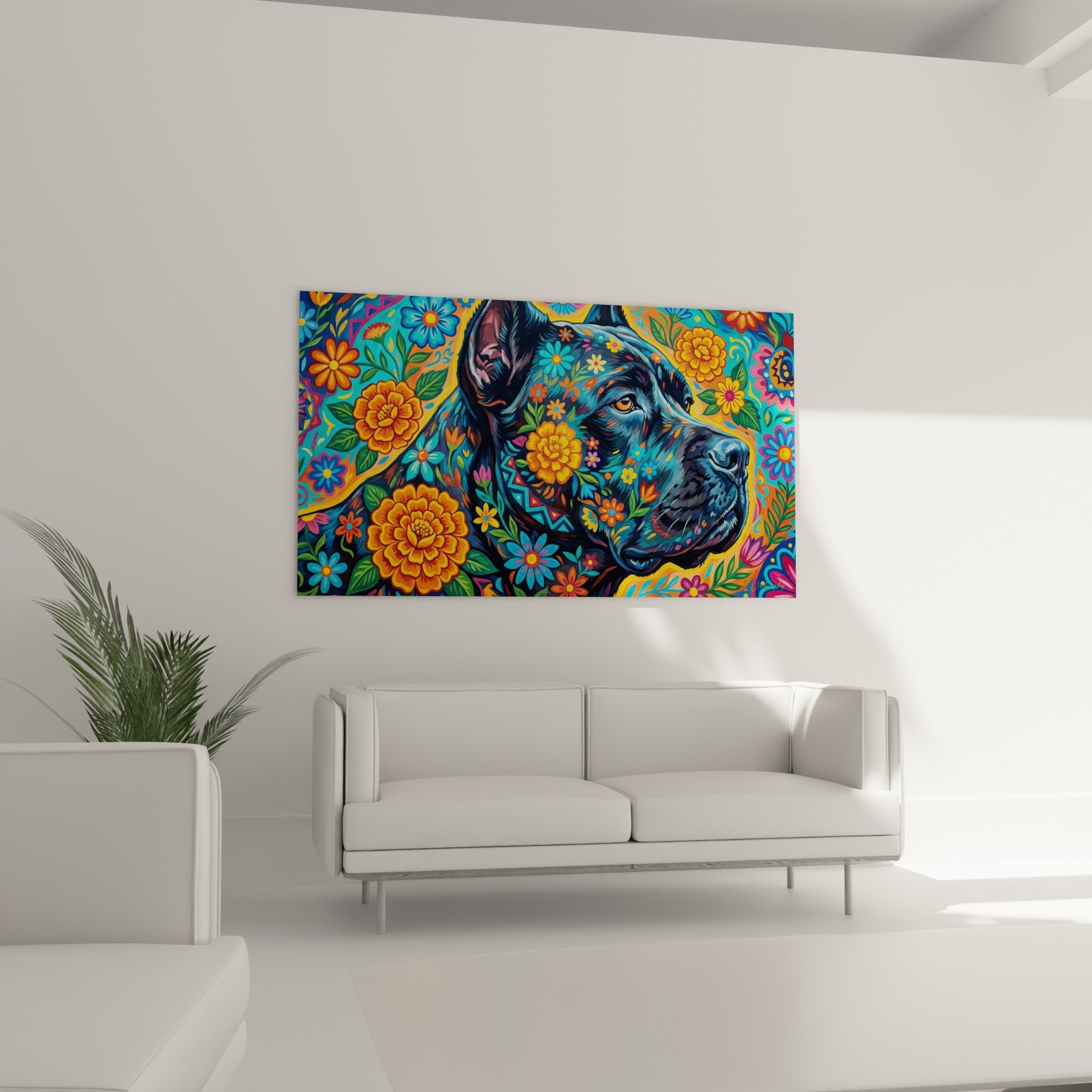 Nahaufnahme von Cane Corso Kunstwerk mit floralen Motiven, orangefarbenen Ringelblumen, blauen Gänseblümchen, moderne dekorative Malerei