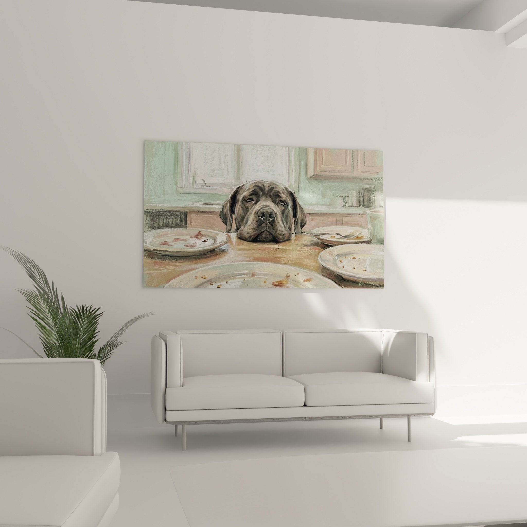 Gros plan tableau Cane Corso expression mélancolique yeux sombres technique aquarelle nuances brunes