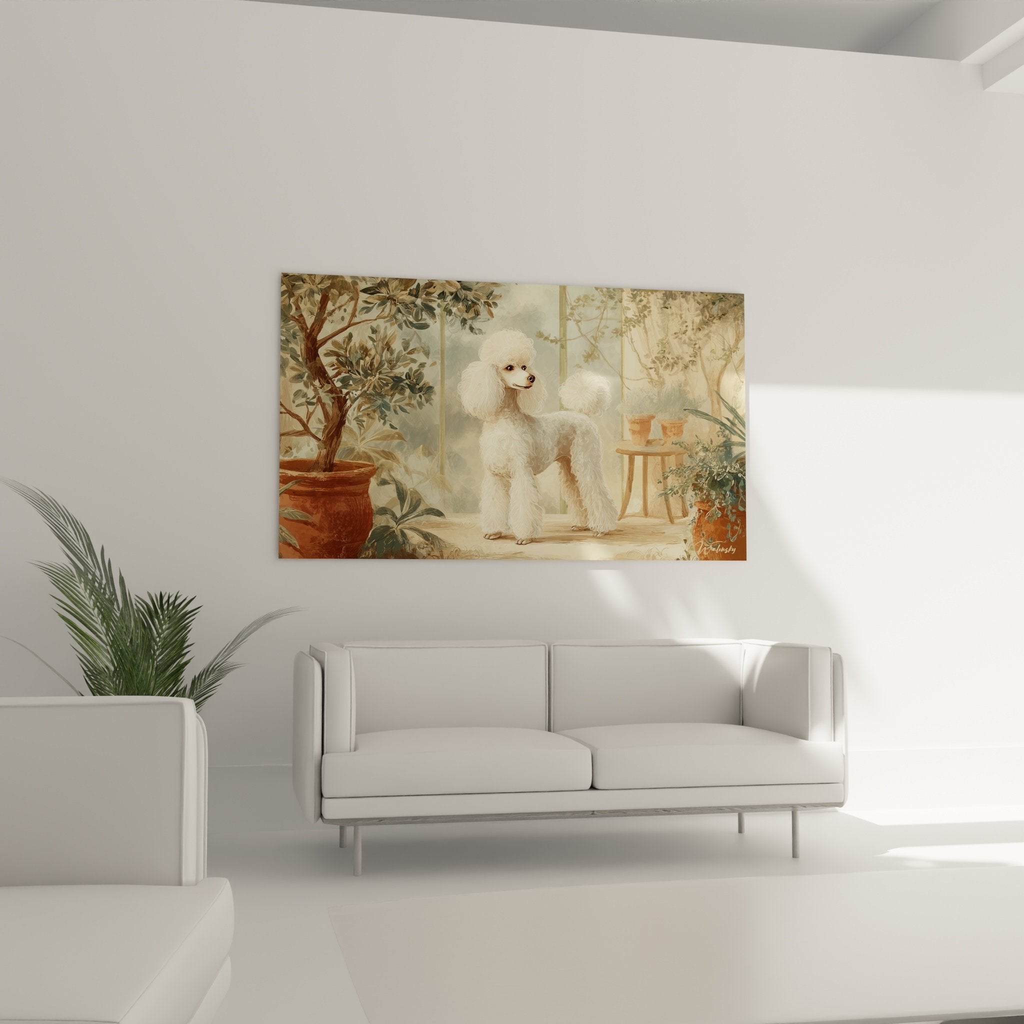 Détail caniche blanc pelage bouclé expression noble jardin d'hiver style victorien