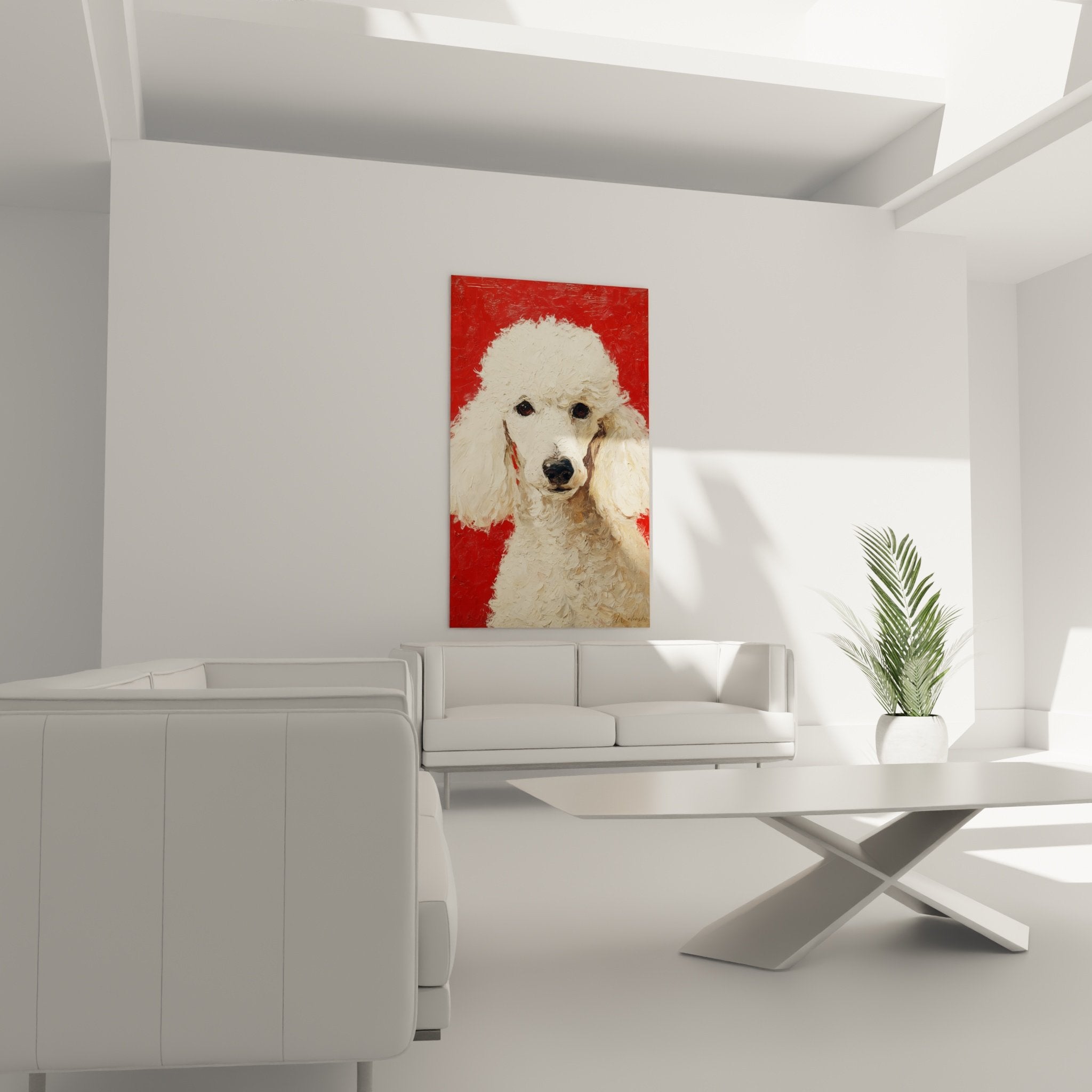 Gros plan tableau caniche blanc yeux noirs, detail peinture epaisse texture fourrure bouclee sur rouge