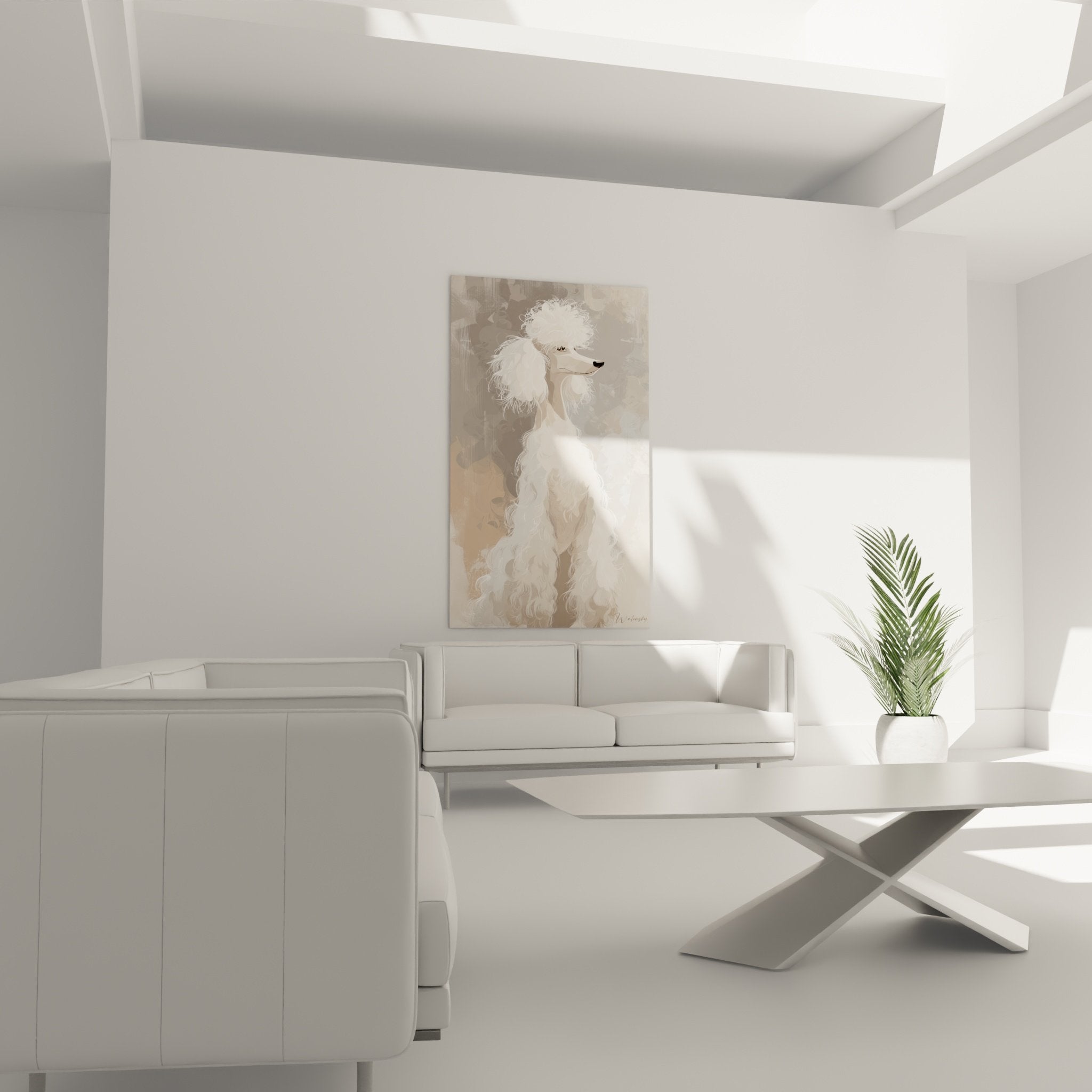 Detail Gemälde Weißer Pudel strukturierte lockige Haare künstlerische Malerei Beige- und Cremetöne Hundeporträt