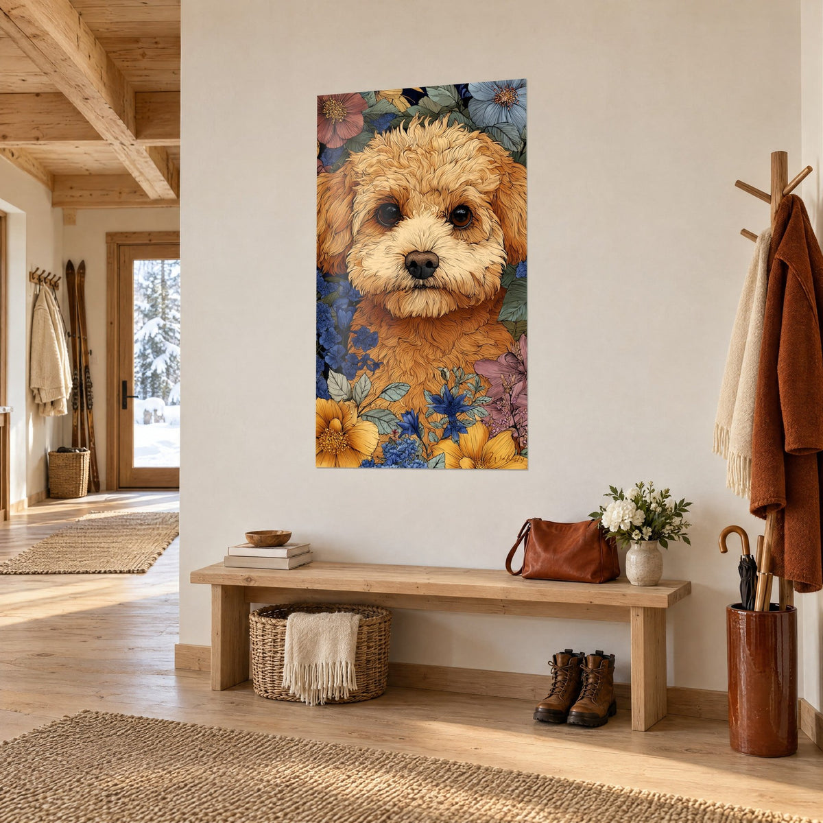 Wall art of a cream and honey curly puppy among rosy peonies and sage leaves, on a white wall beside a wooden entryway
