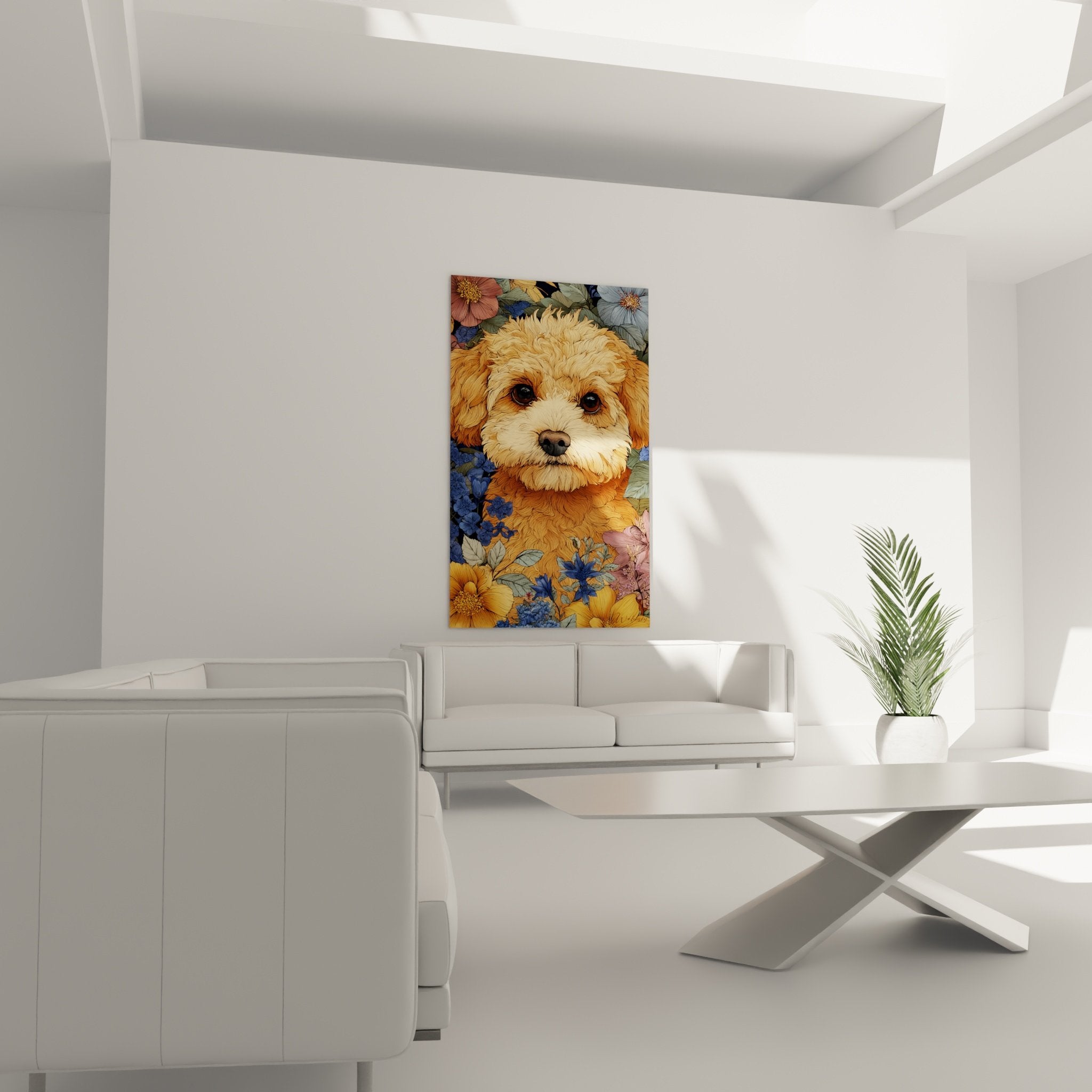 Détail portrait caniche pelage bouclé doré yeux expressifs fleurs colorées art mural délicat