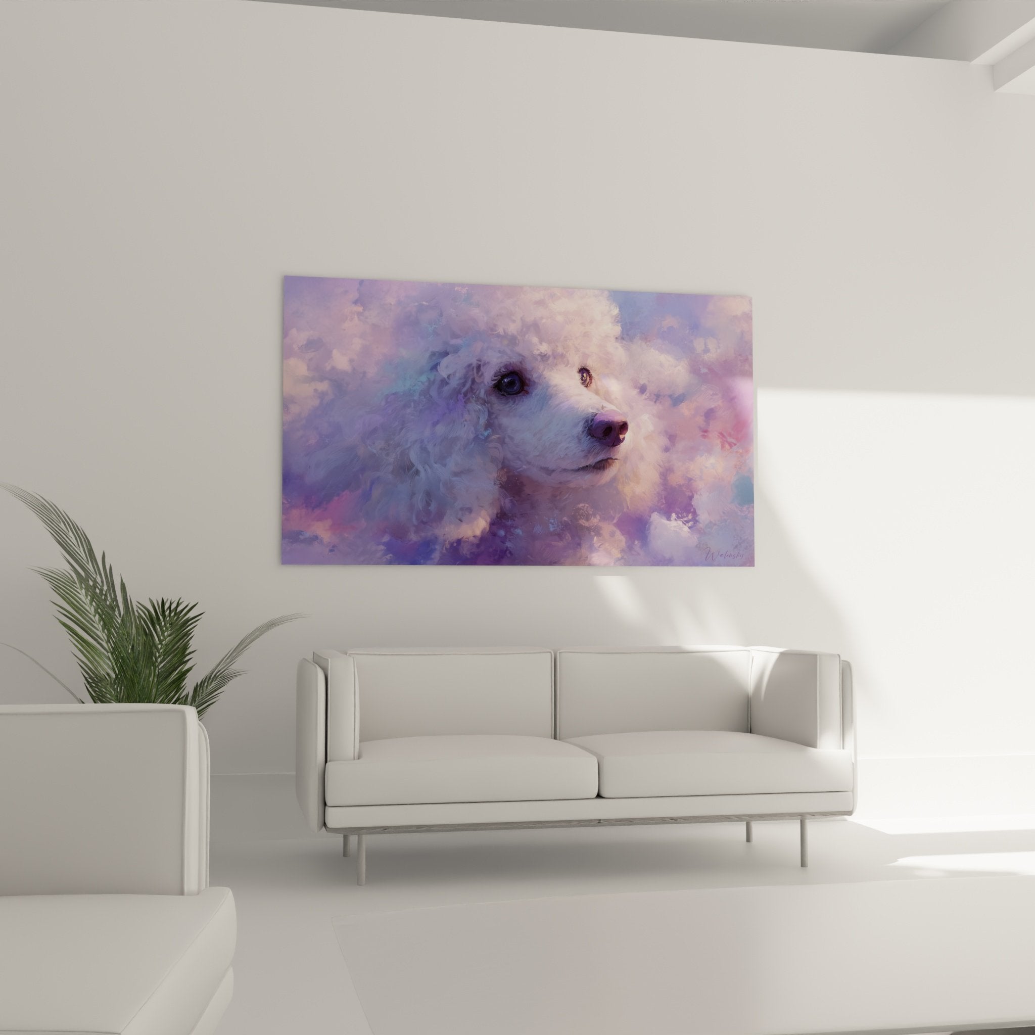 Detail portrait caniche blanc yeux expressifs fourrure bouclee nuances violettes technique picturale