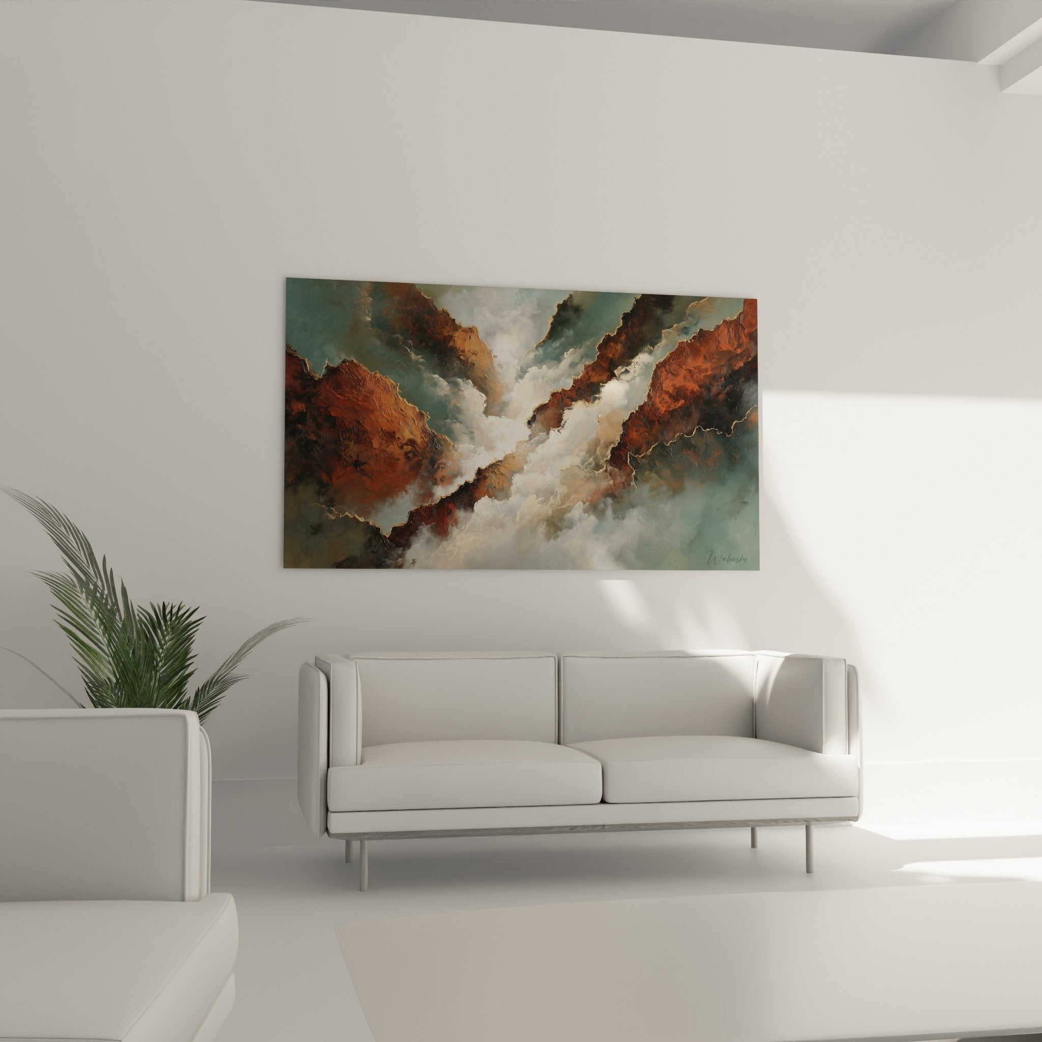 canyon painting detail warm ochre copper tones textured rock surfaces white mist contrast