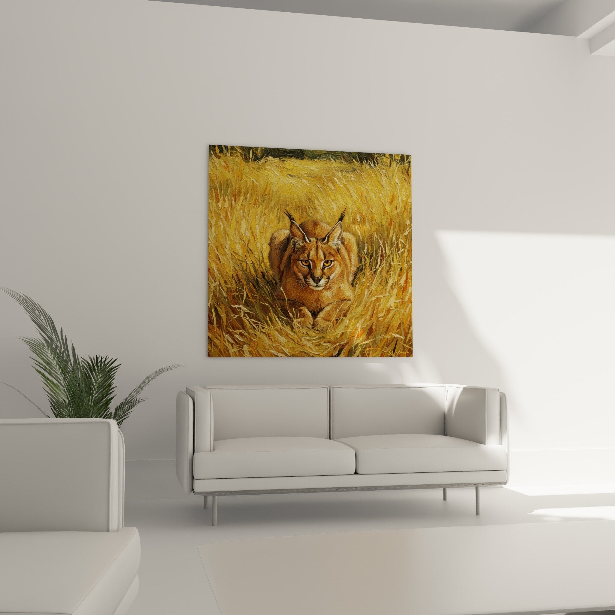 Detailaufnahme Caracal-Gemälde mit bernsteinfarbenen Augen, Impasto-Technik wildes Fell Wildgräser