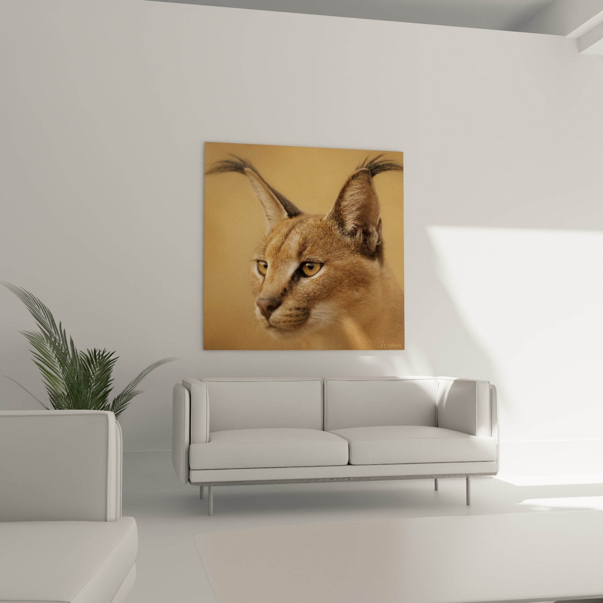 Detailporträt Caracal mit goldenen Augen, buschigen schwarzen Ohren, rotbraun gefärbtem Fell, realistische Textur