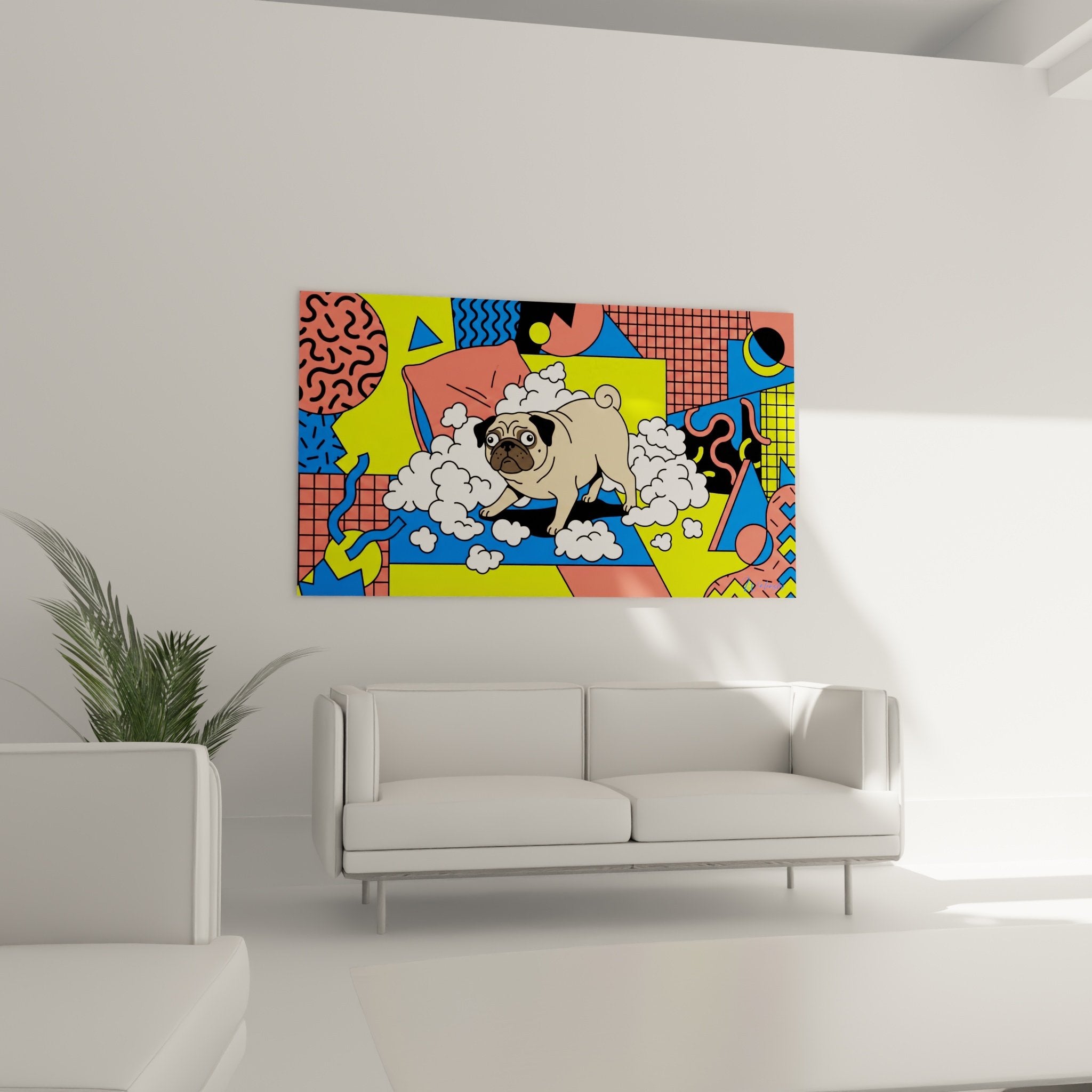 Detailaufnahme eines Mopses mit großen Augen in weißen Blasen auf mehrfarbigem geometrischem Pop-Art-Retro-Hintergrund