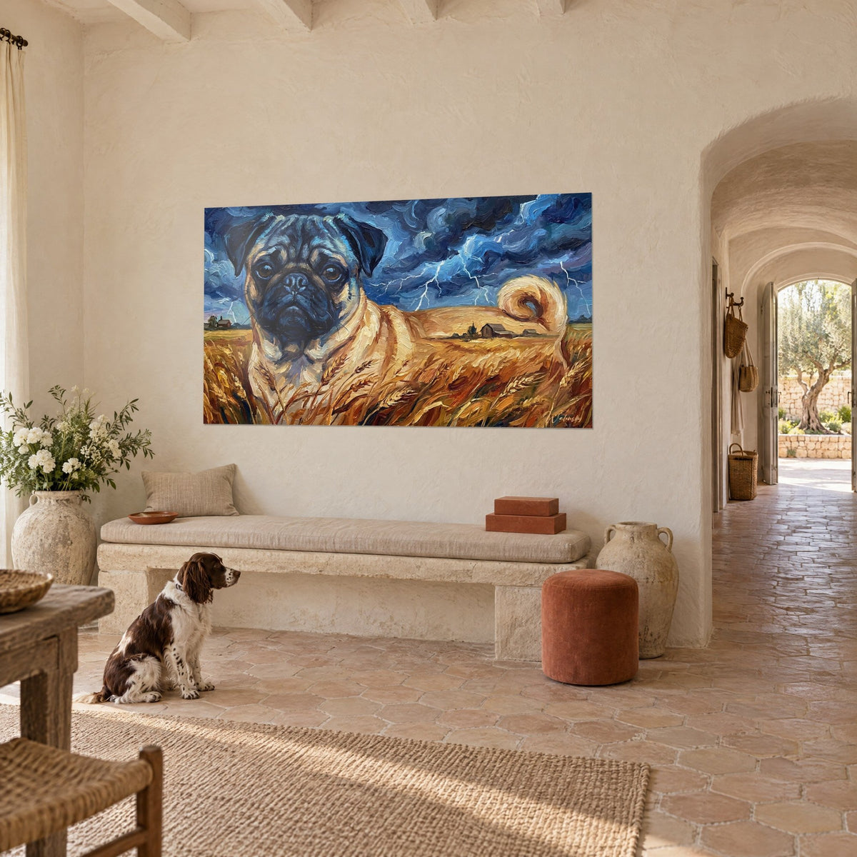 Wall art small squashed dog with brown eyes, curled tail, golden wheat ears under midnight blue clouds, seated spaniel in a Provençal farmhouse