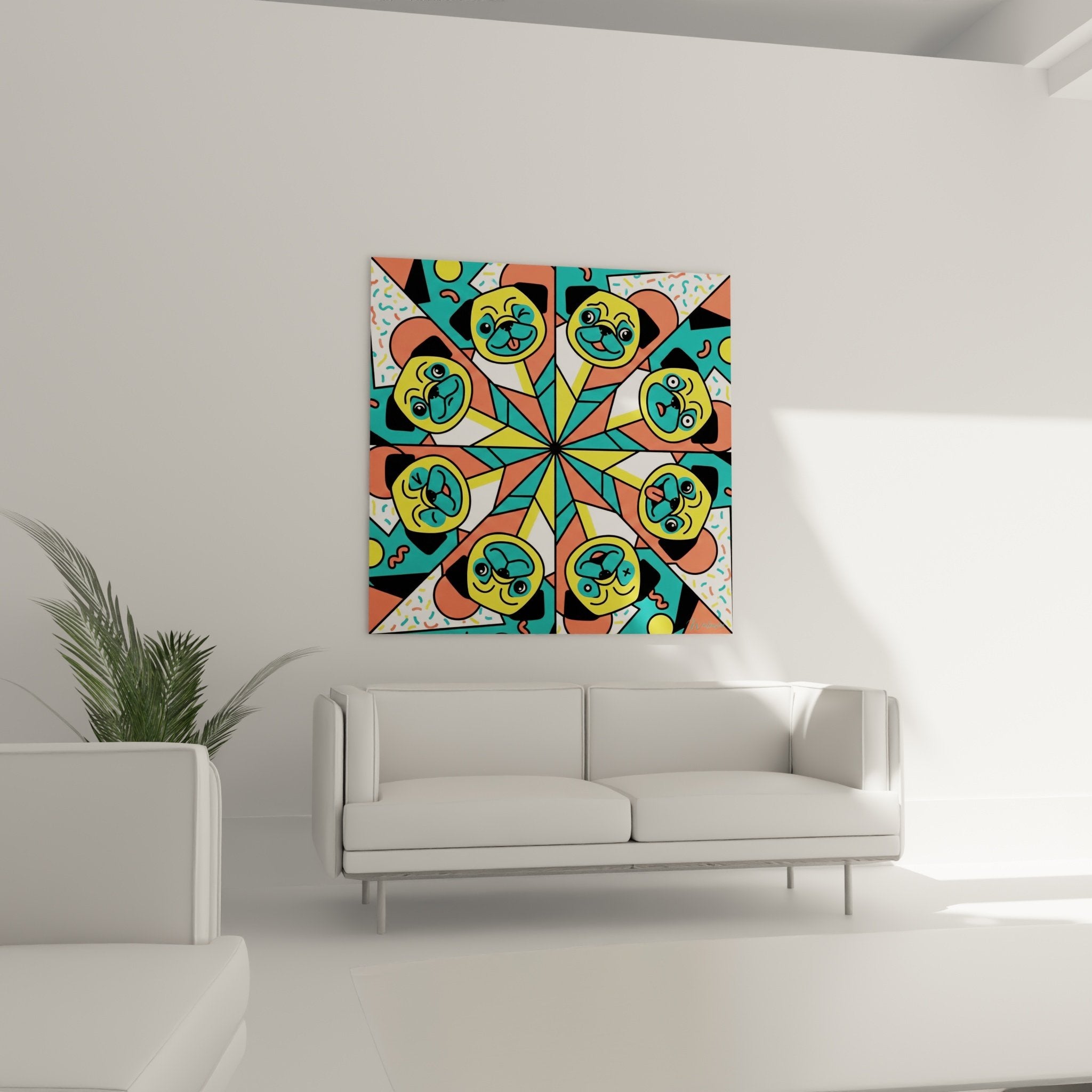 pug portrait painting yellow face turquoise coral geometric elements artistic precision
