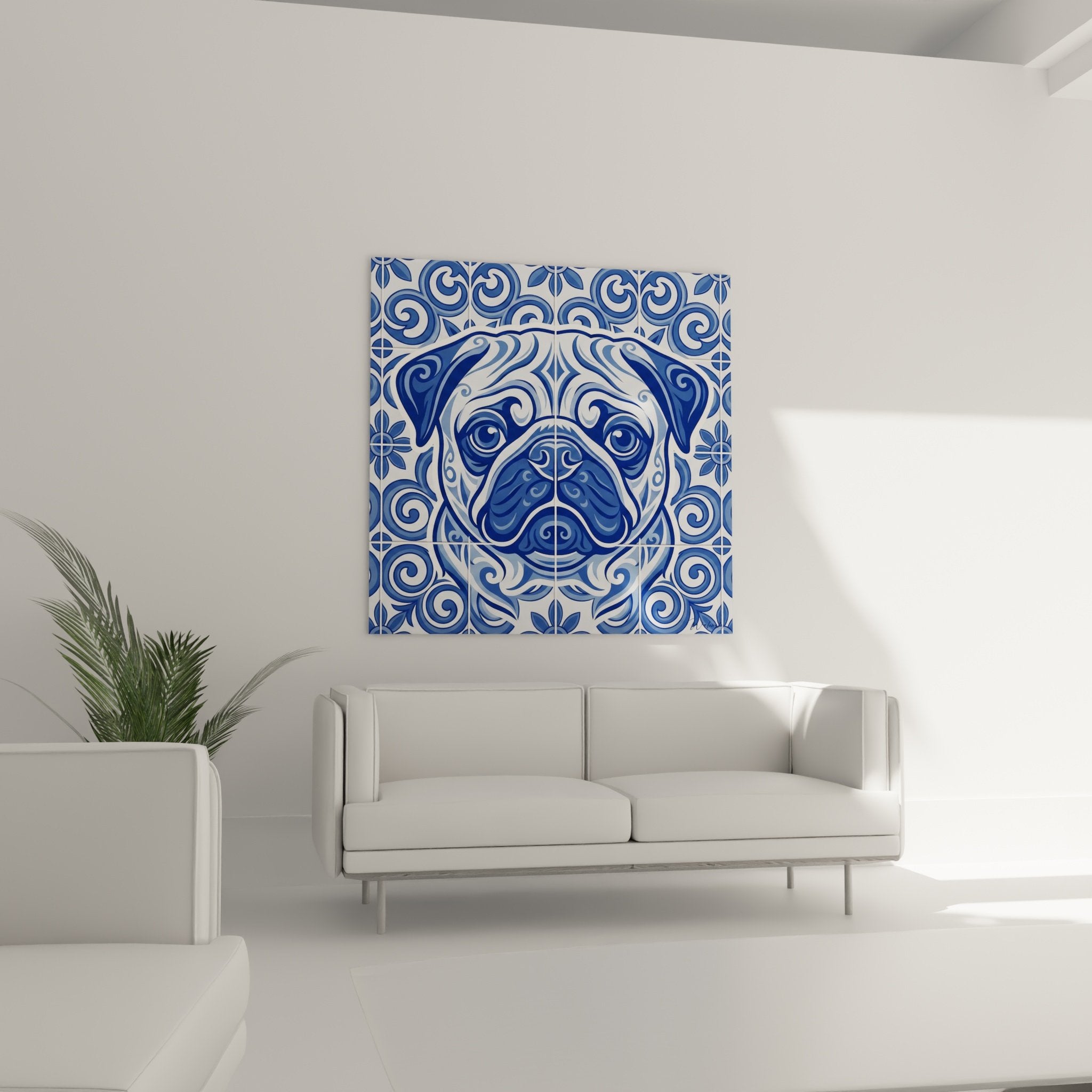 Détail portrait carlin mosaïque azulejos motifs géométriques spirales bleues fond blanc