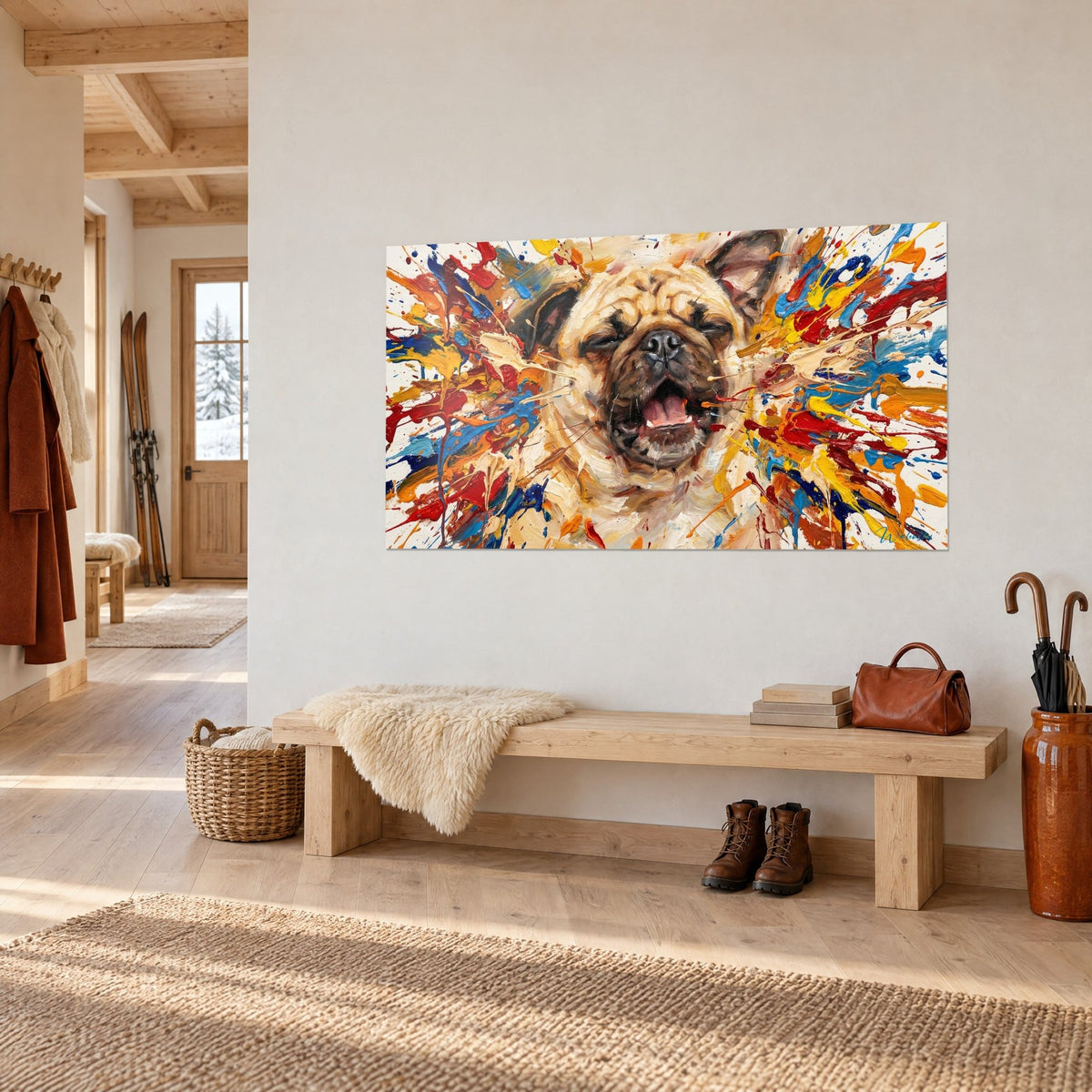 Cuadro de un perro muerto de risa rodeado de chorros de pintura amarilla mostaza y naranja, pared clara de un chalet en vista de tres cuartos