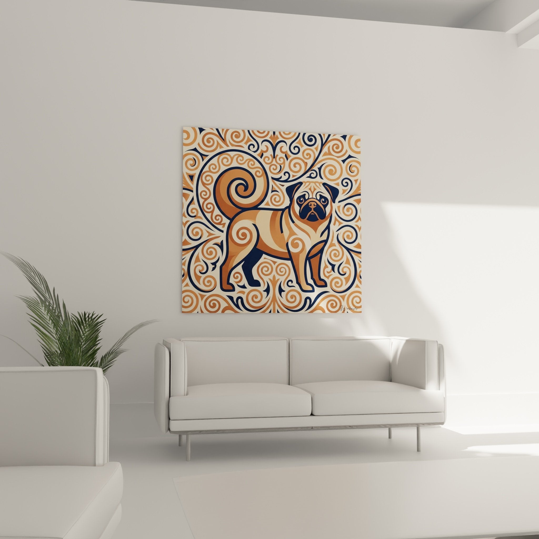 Stylized pug detail expressive gaze ornamental motifs scrollwork decorative art warm tones