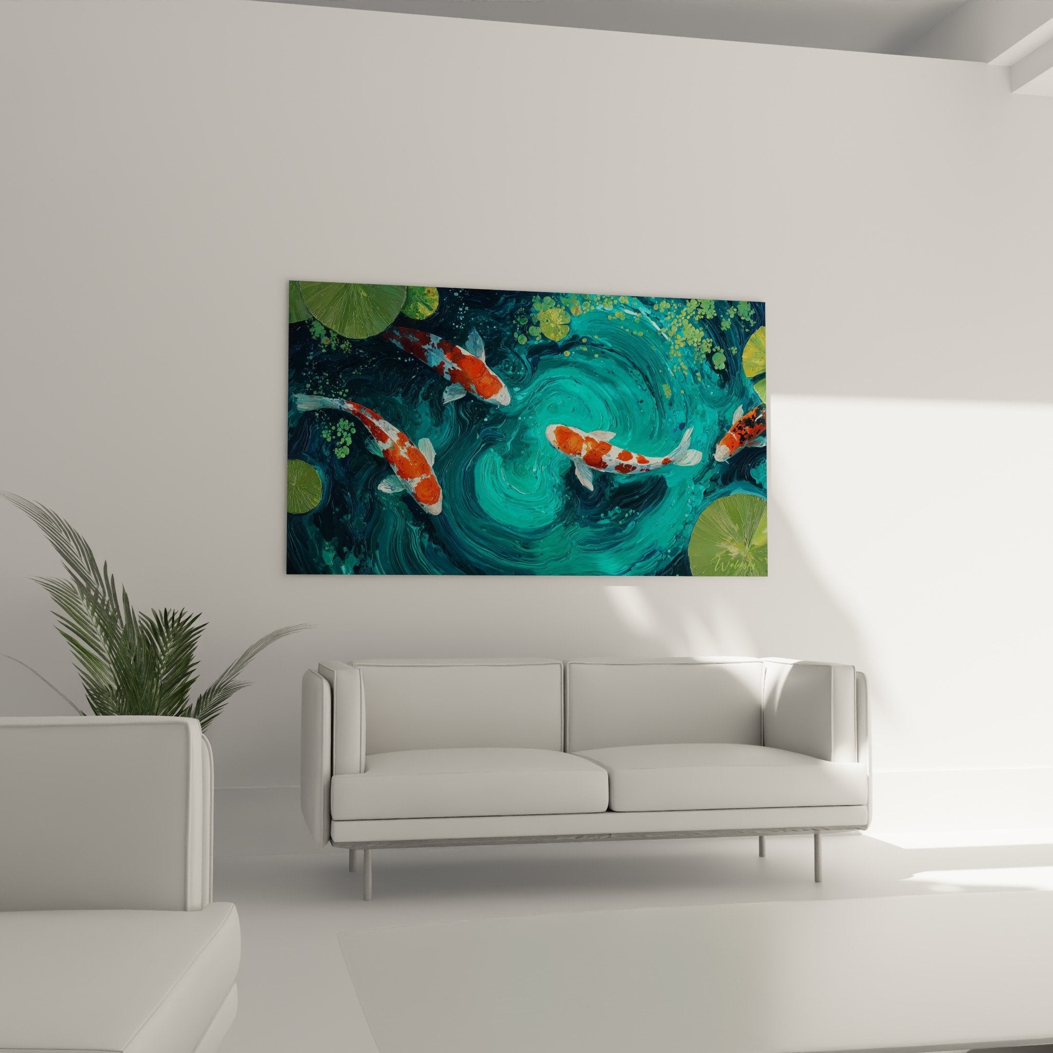 Detail carpes koi orange blanc eau turquoise peinture empâtements textures artistiques