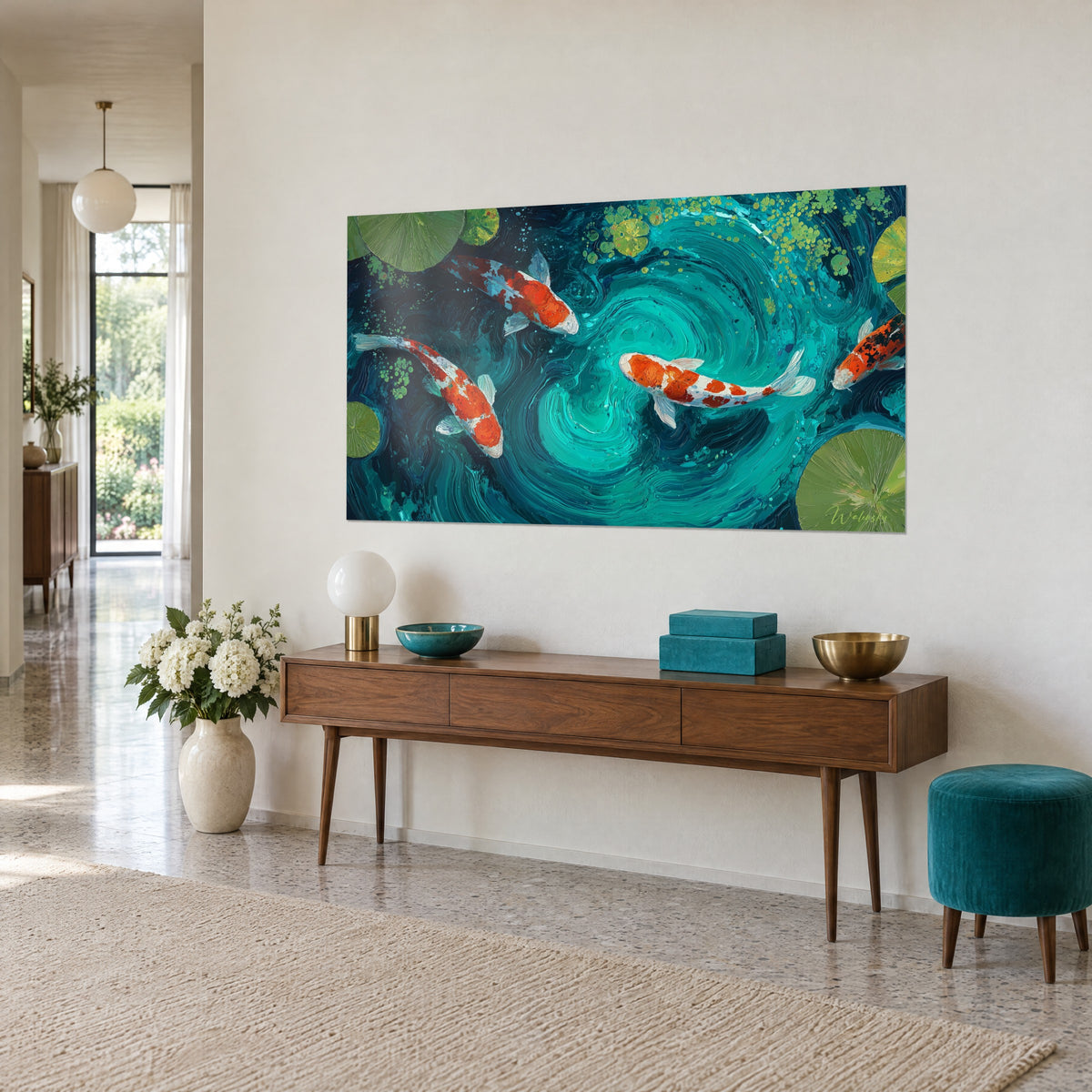 Gemälde japanische Fische mit Zinnoberrot und Elfenbein gesprenkelt, blaugrüner Wasserwirbel in pastoser Malweise, an einer beigen Wand