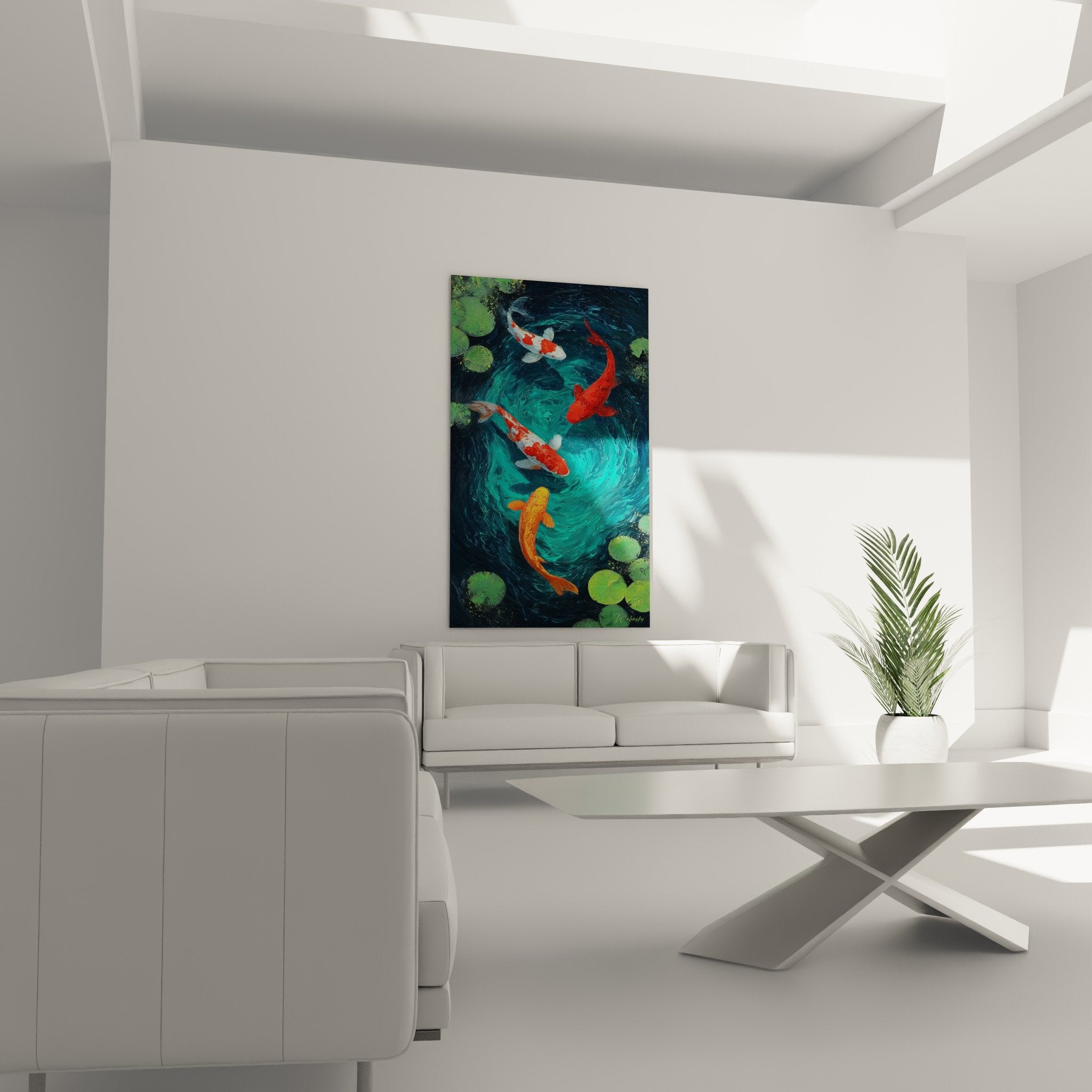 Détail carpes koi orange rouge écailles bassin nénuphars verts eau tourbillonnante peinture réaliste