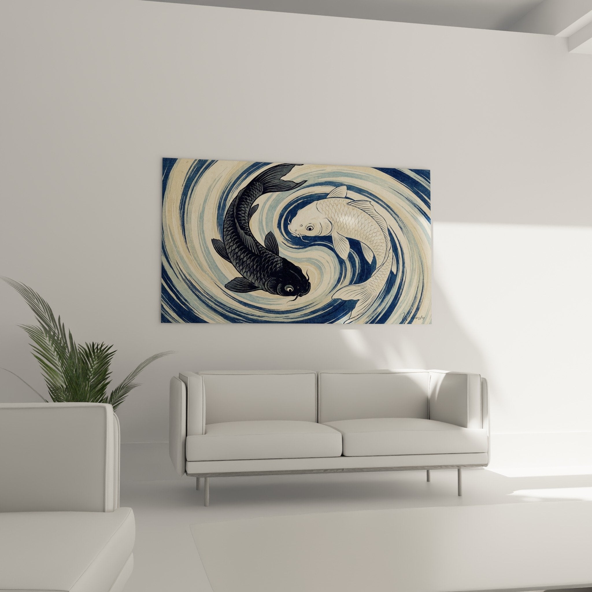 Détail rapproché carpes stylisées écailles bleues beiges mouvement circulaire art aquatique