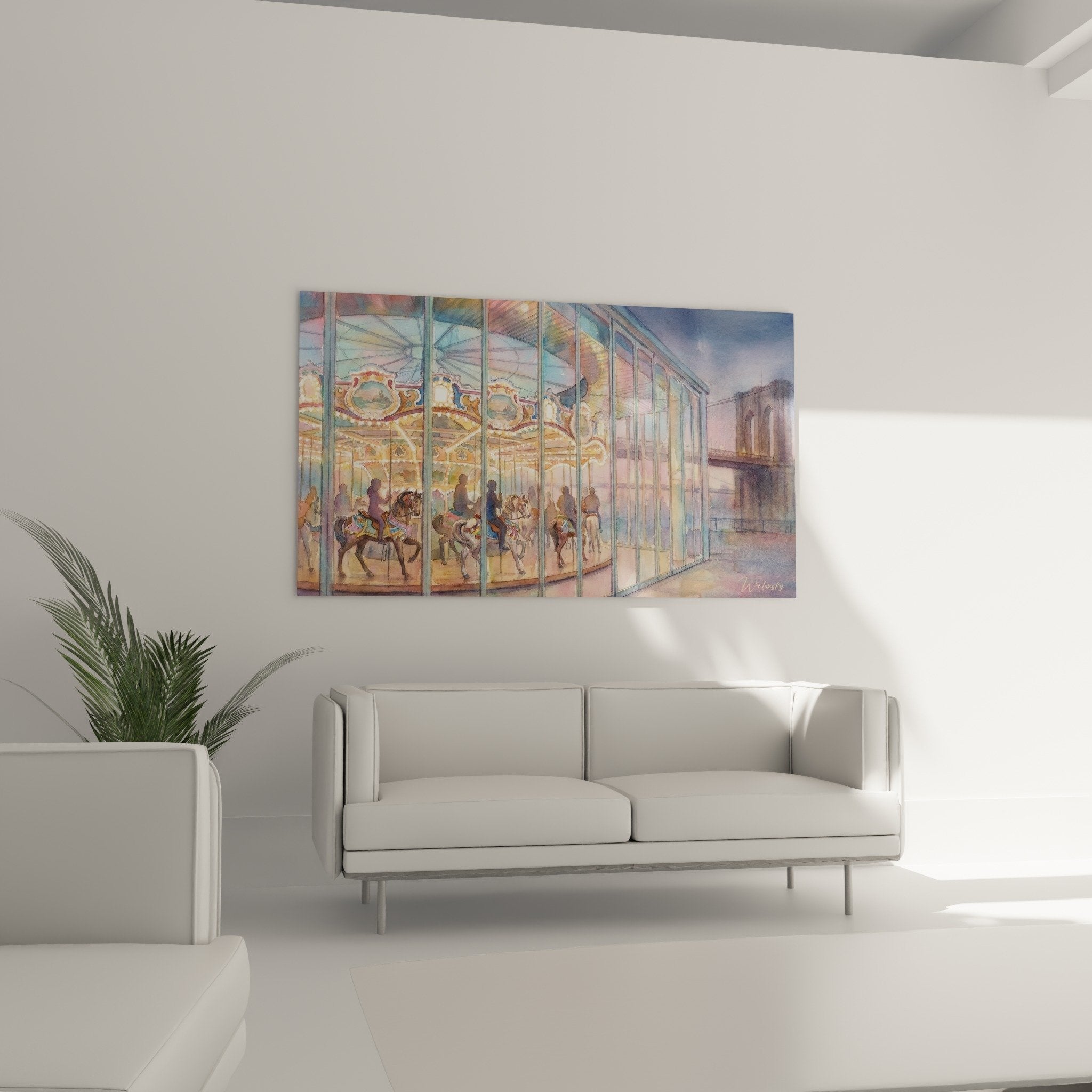Detail carrousel chevaux bois dores verriere reflets pastels tableau artistique Brooklyn