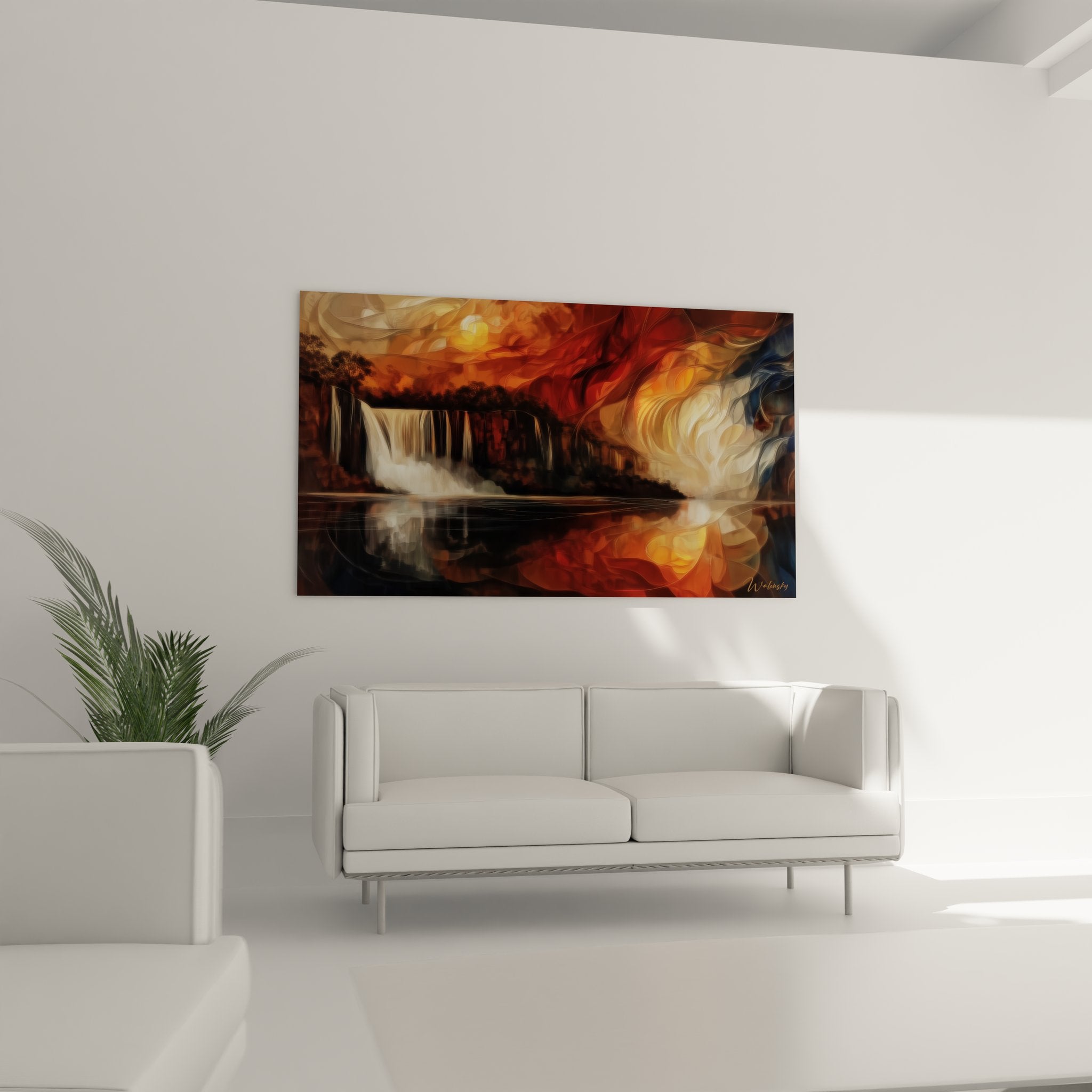 Gros plan détail tableau cascade montrant fusion entre réalisme et abstraction fluide