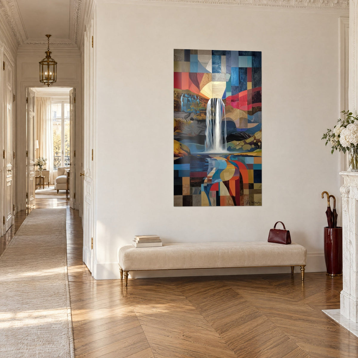 Gemälde Wasserfall aus Schaumbändern, nachtblaue und gebrannt orangefarbene Quadrate, an der Rückwand eines Flurs im Haussmann-Stil