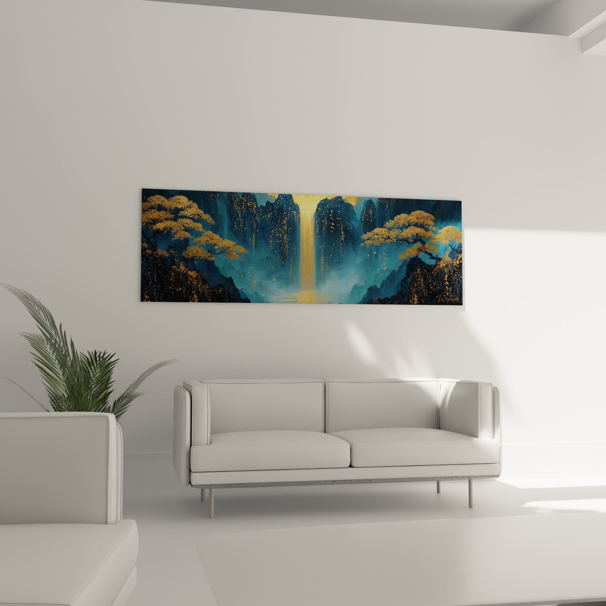 Golden waterfall detail with shimmering sparkles on blue mountain background feng shui north water wall art
