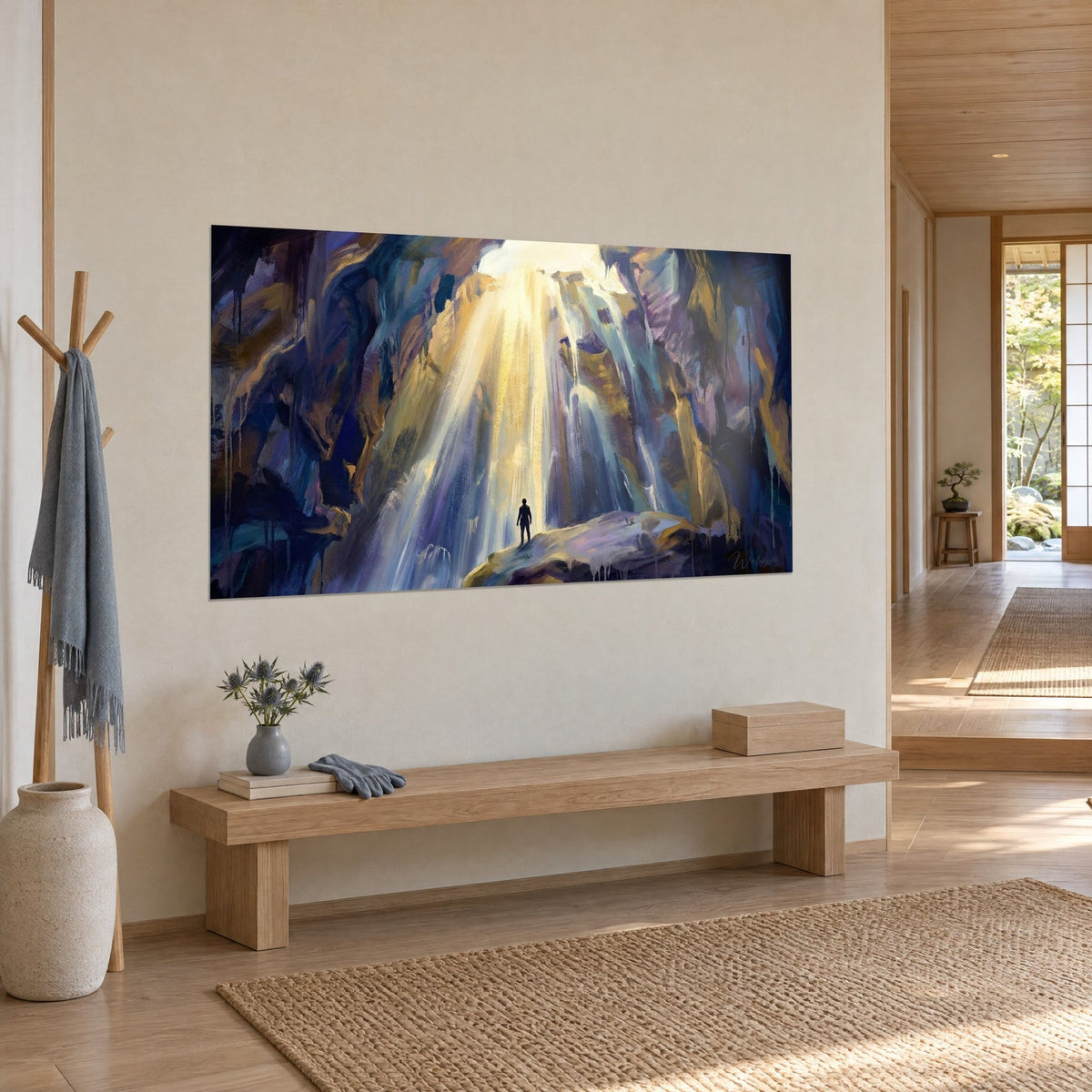 Wall art luminous waterfall spilling from a cave with indigo and ochre walls, thick brushstrokes, beige entrance wall