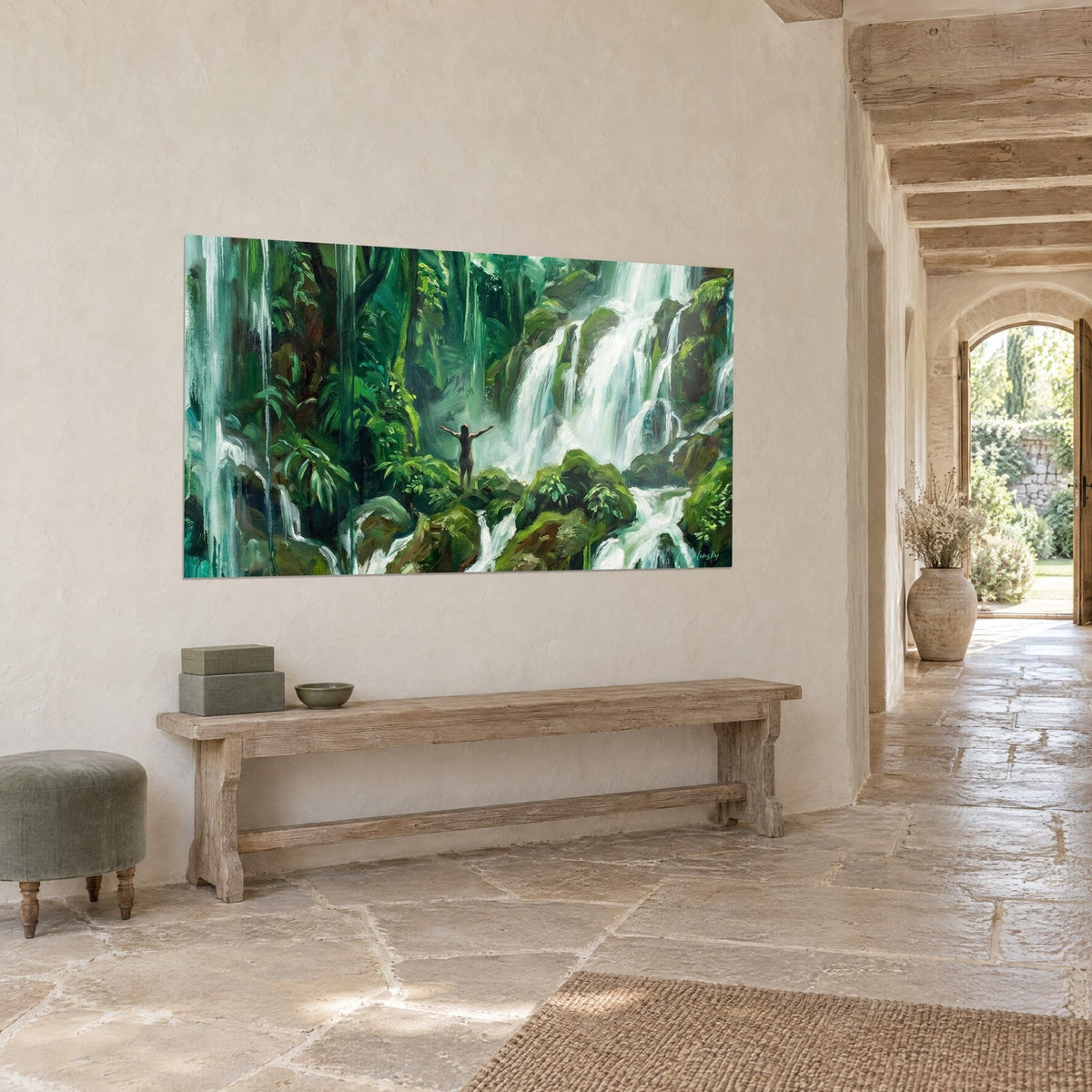 Wall art waterfalls in green jungle, soft green moss and white foam, silhouette with arms raised, stone wall and wooden bench