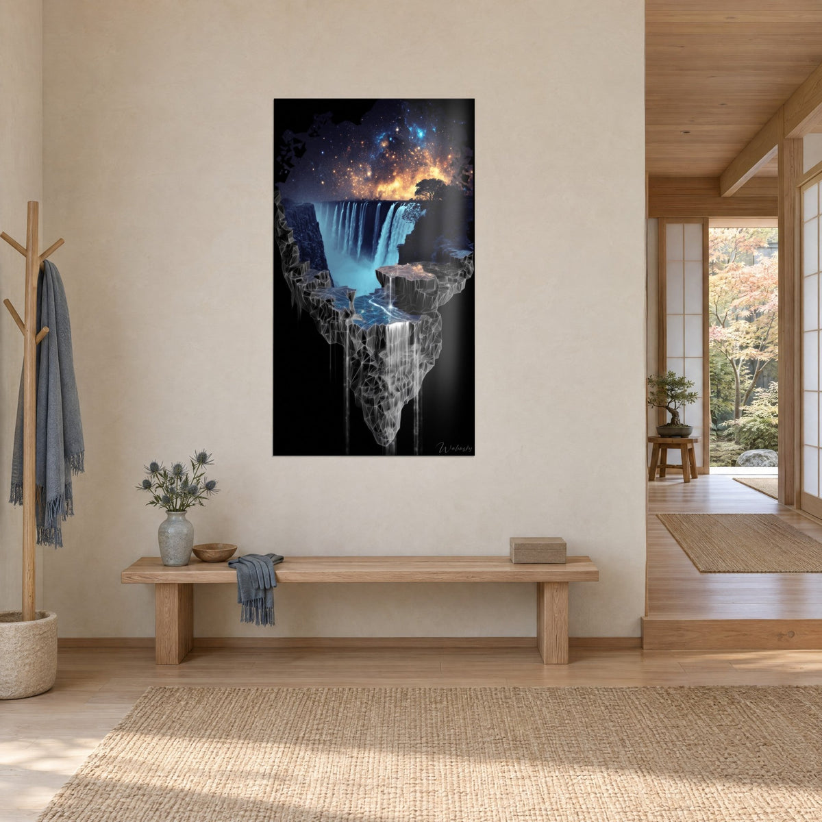 Schilderij kosmische waterval op een zwevend rotseiland, gletsjerblauw water en oranje nevel, driekwartzicht in een japandi-gang