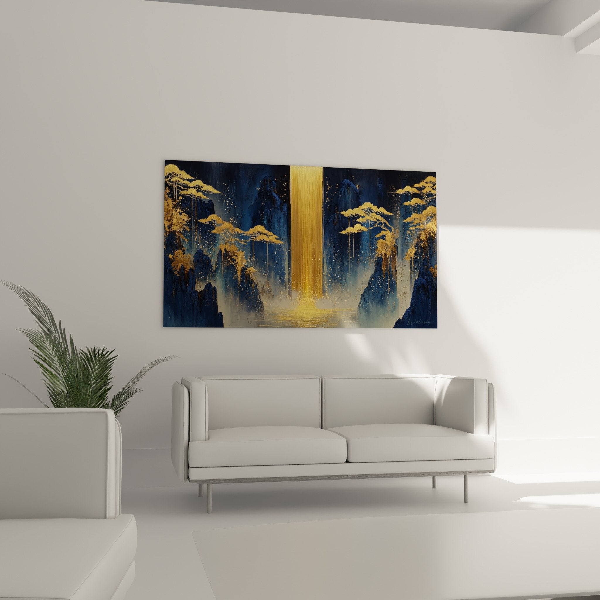 detail tableau cascade doree particules lumineuses arbres suspendus brume bleue feng shui nord eau zoom