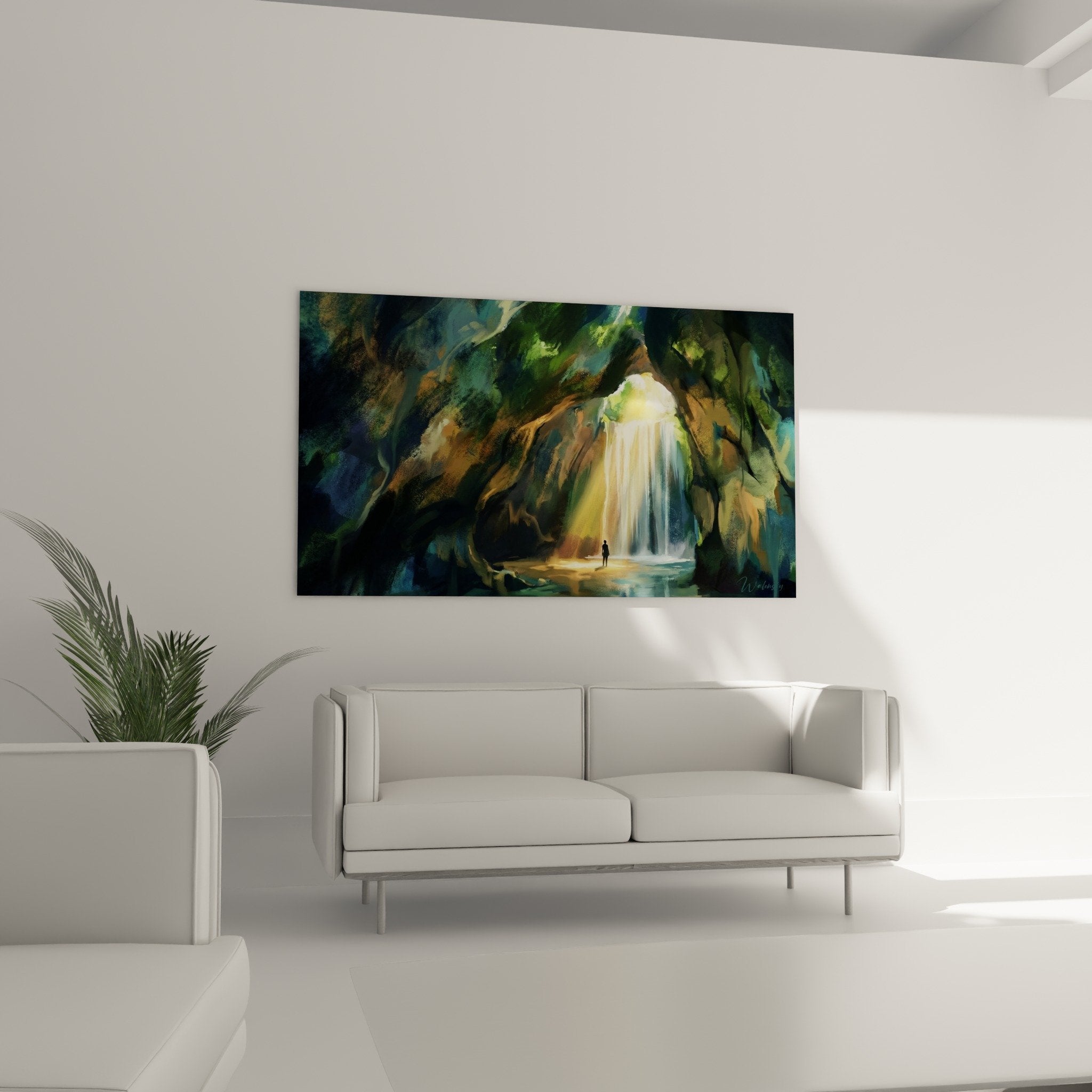 Detail leuchtender Wasserfall Grotte grünes Moos Kupferreflexe fließende Bildtextur kristallklares Wasser