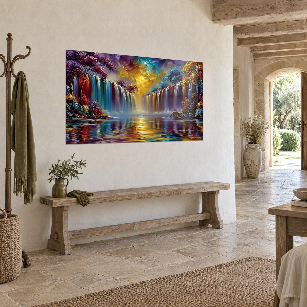 Wall art iridescent waterfalls, purple trees and golden yellow foliage, reflections on the lake, stone wall and wooden bench
