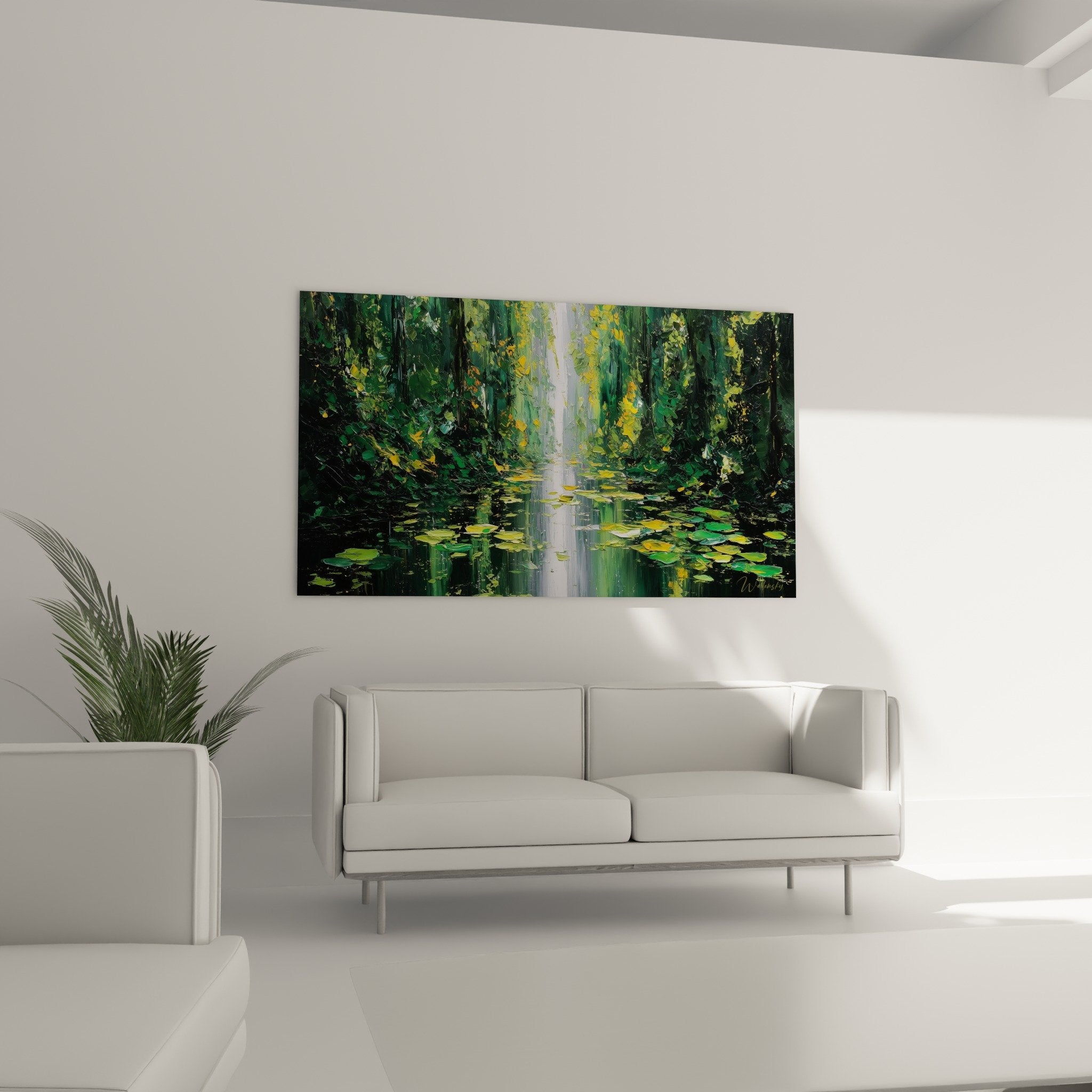 Detail white cascade golden water lilies water reflections painting texture thick impasto deep green nature