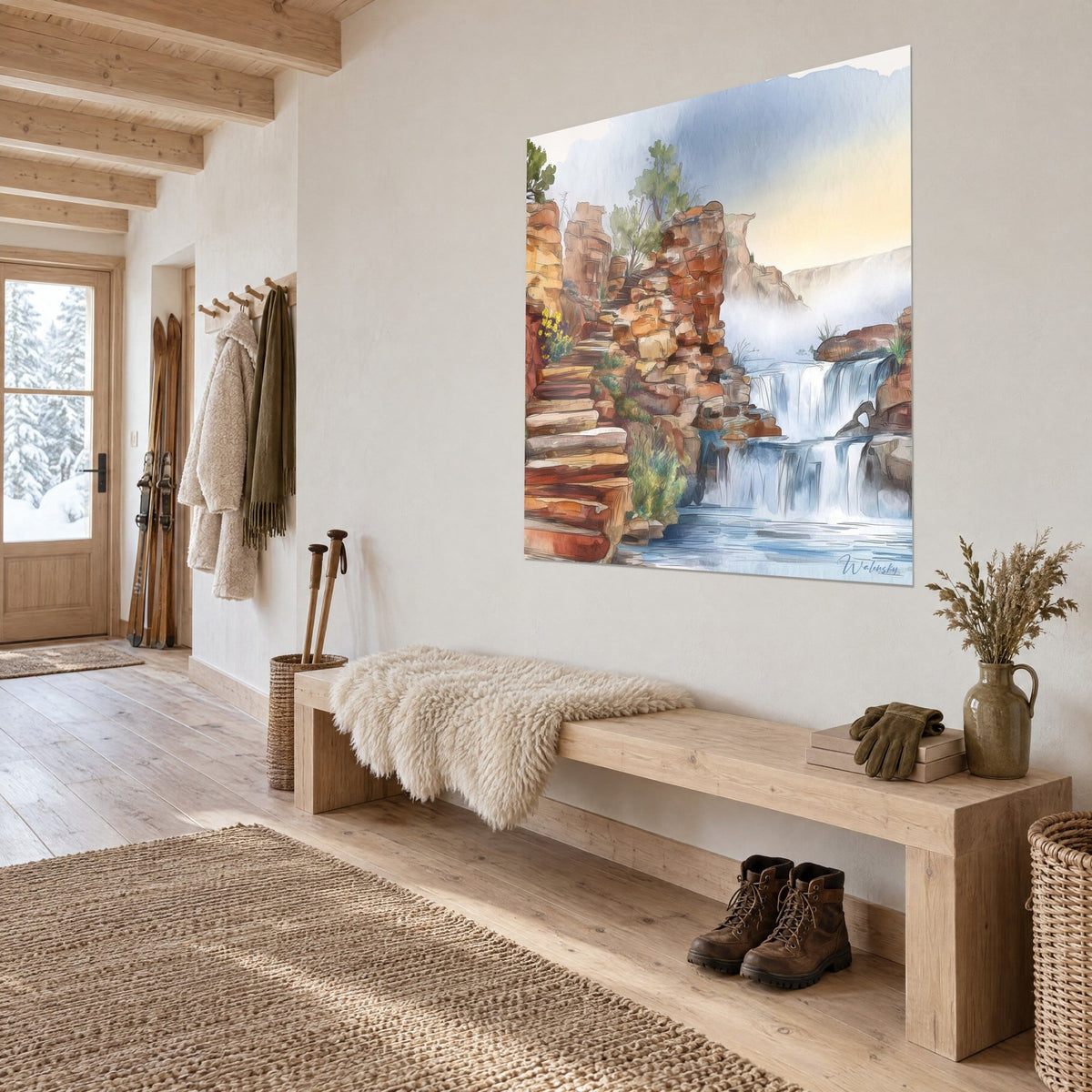 Wall art misty waterfall tumbling down rust and ochre sandstone steps, under a blue and yellow sky, in a chalet entrance