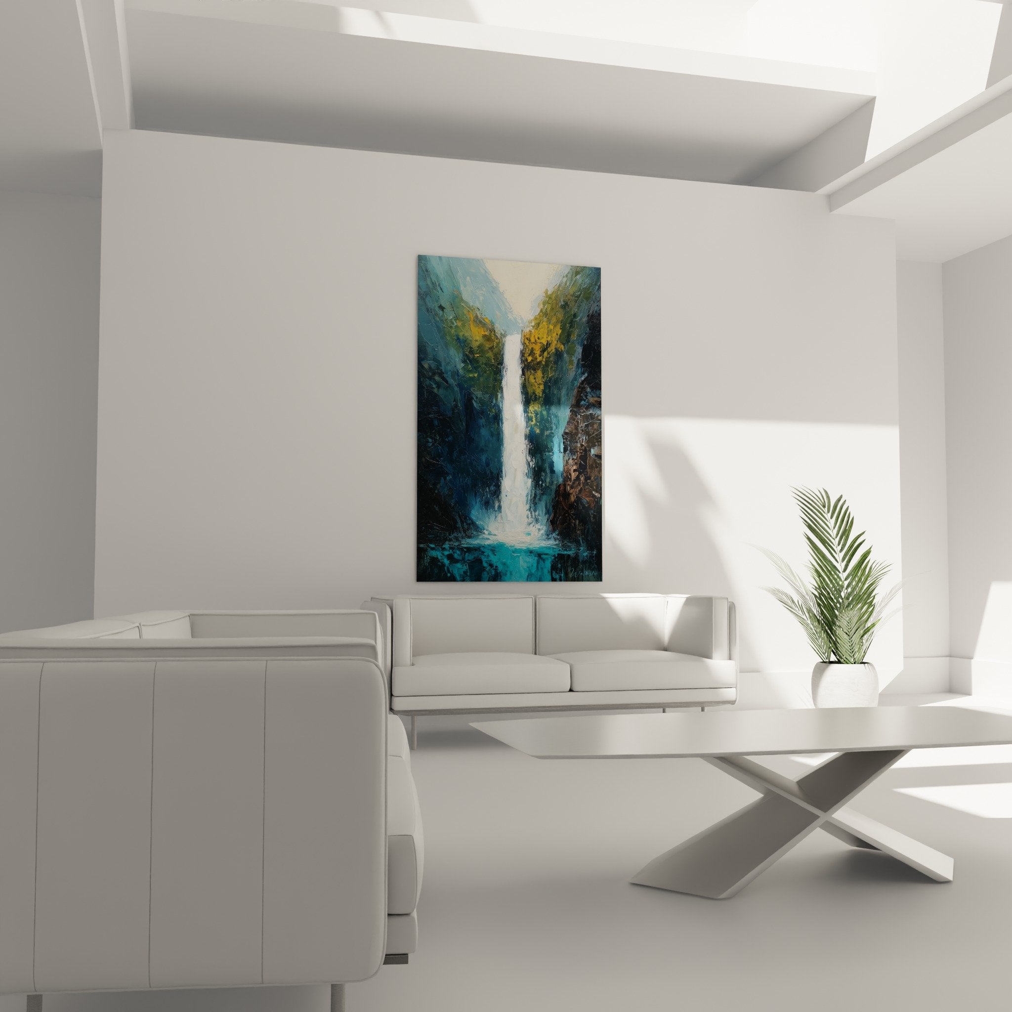 White waterfall painting detail thick impasto textures green rocks feng shui water