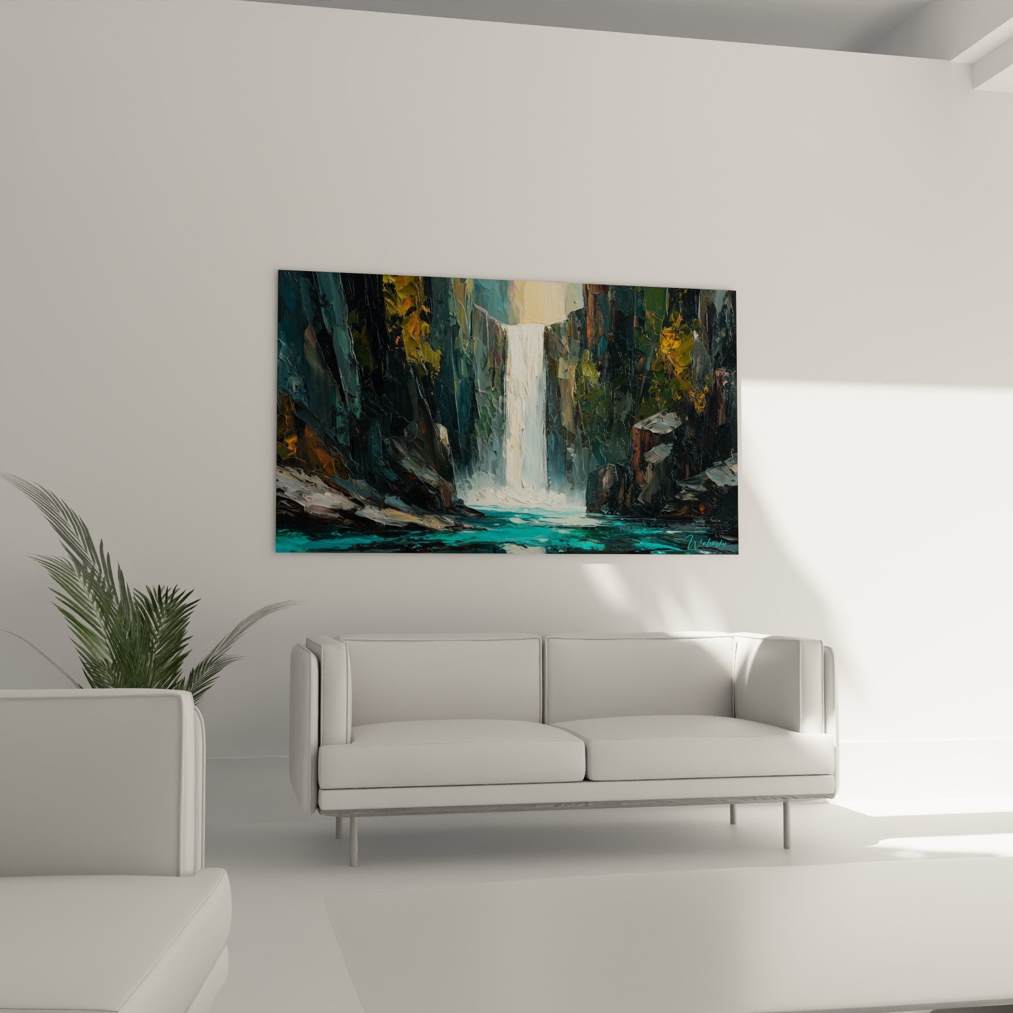 Detail peinture cascade eaux turquoise empâtements texture picturale rochers gris feng shui nord eau