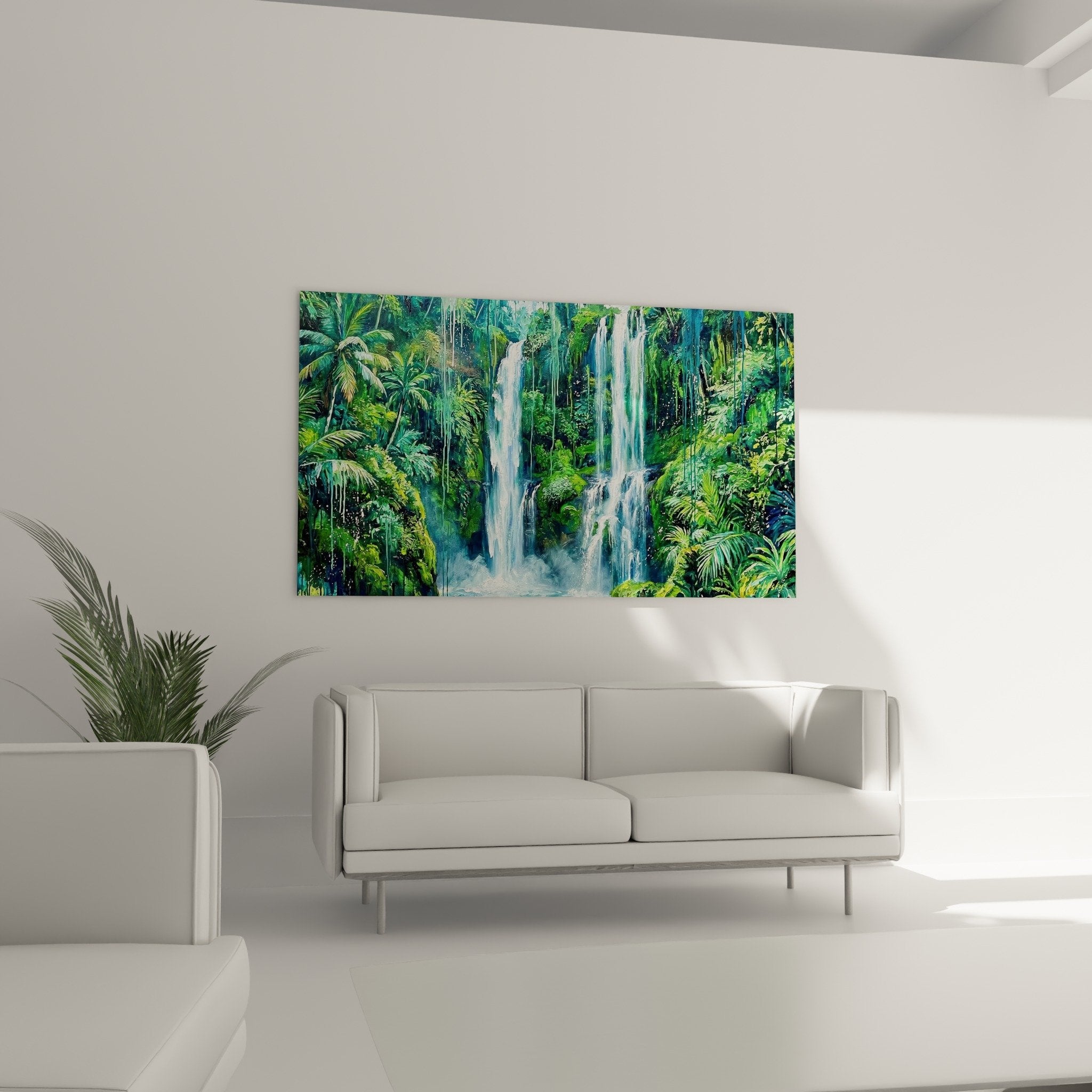 Detail cascade tropicale tableau avec reflets turquoise et mousse verte sur roches
