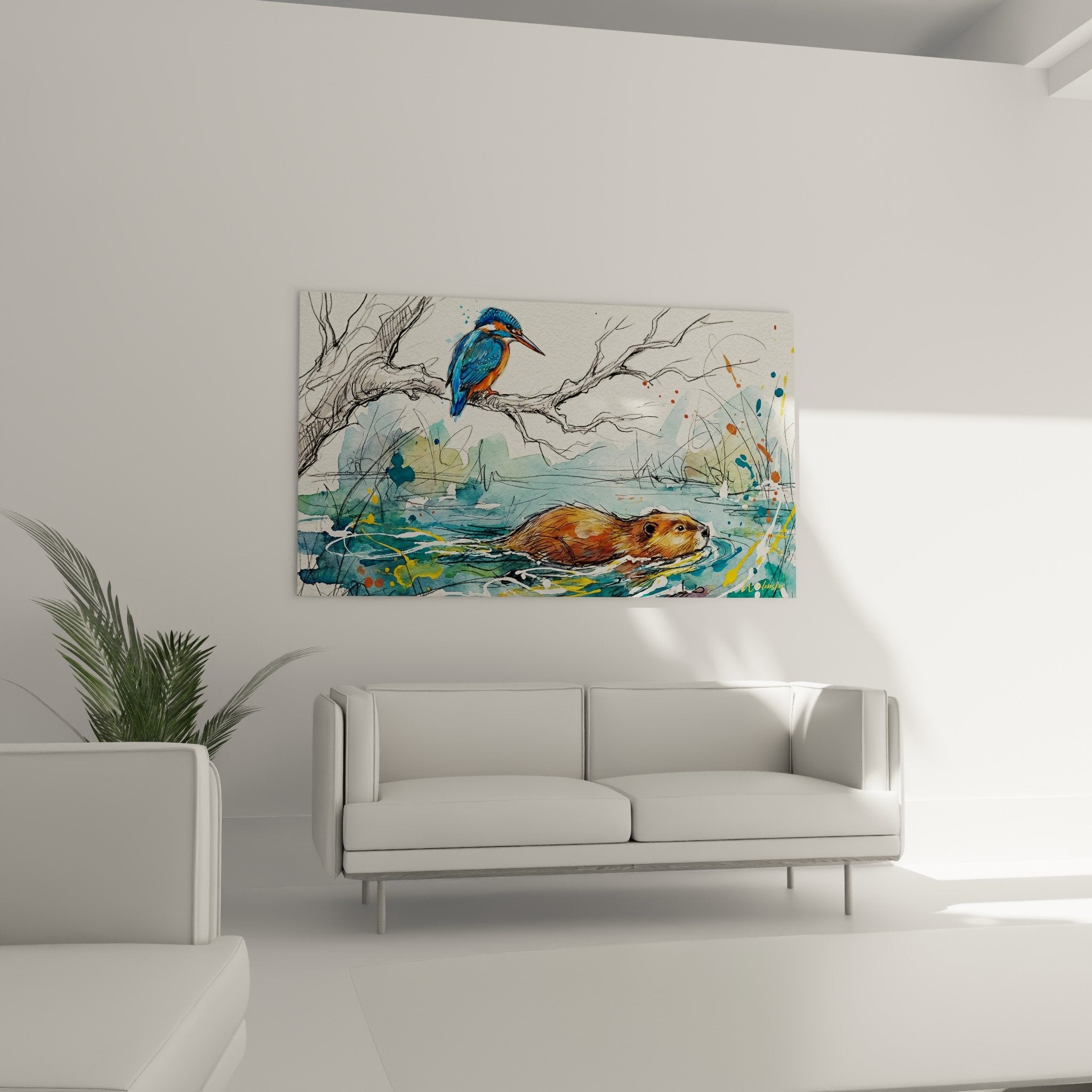 Detailansicht Gemälde Biber braunes Fell Eisvogel blaues orangefarbenes Gefieder Aquarelltechnik schwarze Linien