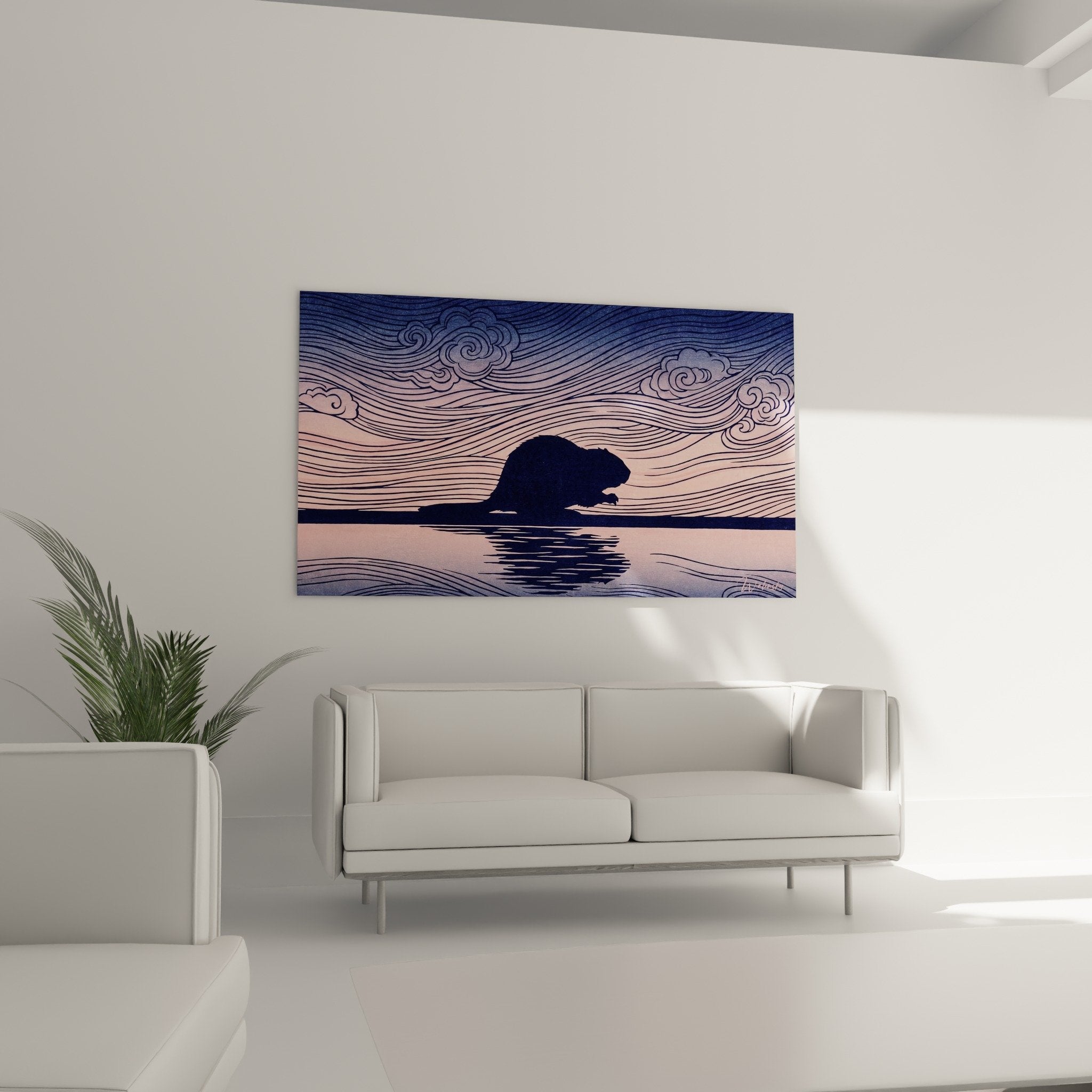 Biber-Silhouette Spiegelung Wasser geschwungene Linien stilisierte Wolken zeitgenössische japanische Kunst