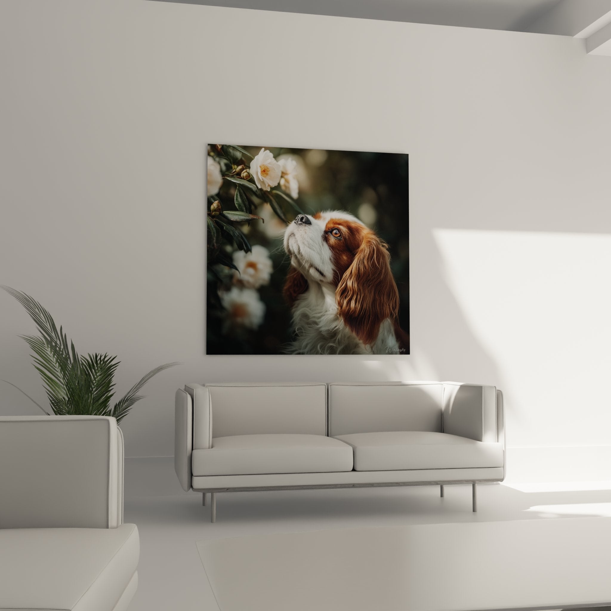 Détail yeux ambrés Cavalier King Charles et pétales blancs camélia, portrait artistique émouvant
