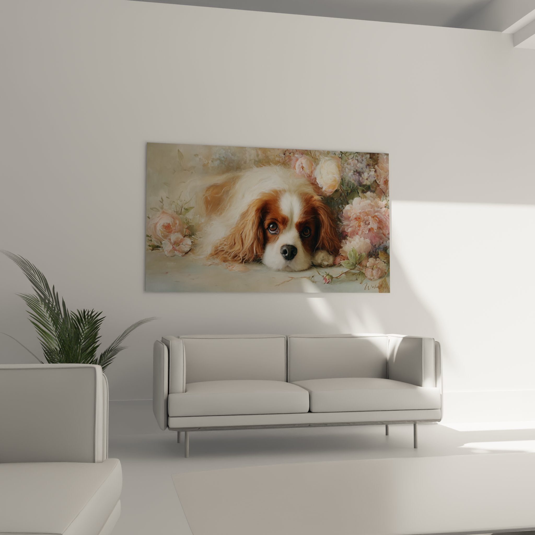 Gros plan sur cavalier king charles aux yeux bleus intenses et pelage blanc auburn détail artistique roses